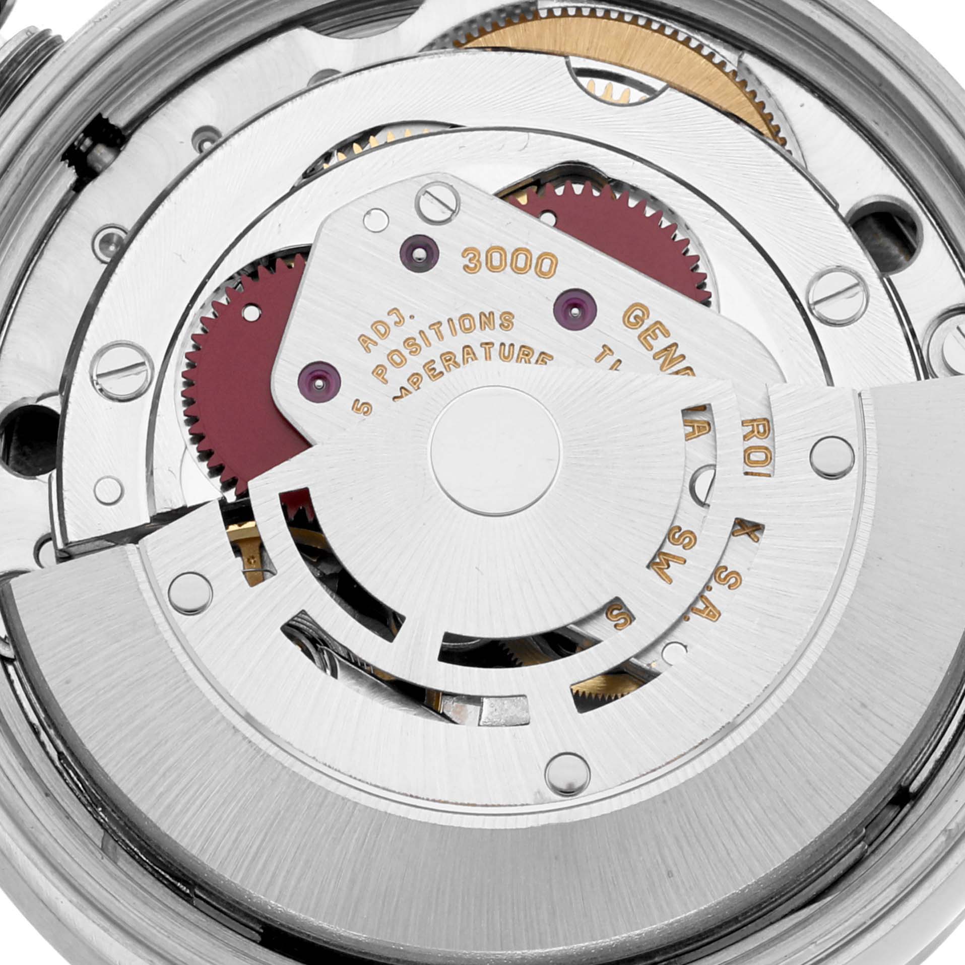 This image shows a close-up of the movement mechanism inside a Rolex Air-King 14010M Men's Stainless Steel Black Dial 14010M Men's Stainless Steel Black Dial watch.
