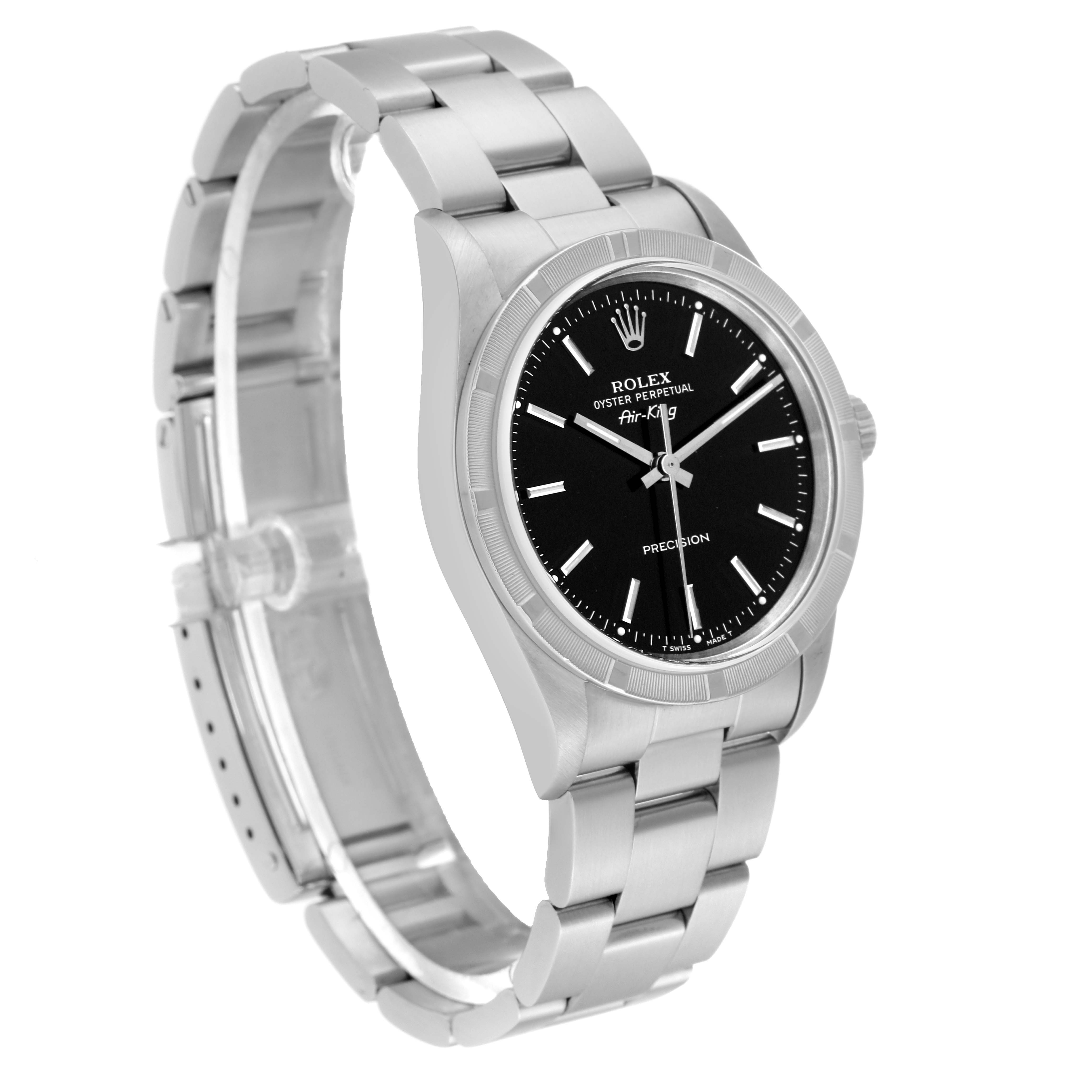 The image shows a left-side angle of the Rolex Air-King 14010M Men's Stainless Steel Black Dial 14010M Men's Stainless Steel Black Dial, featuring the black dial and silver bracelet.