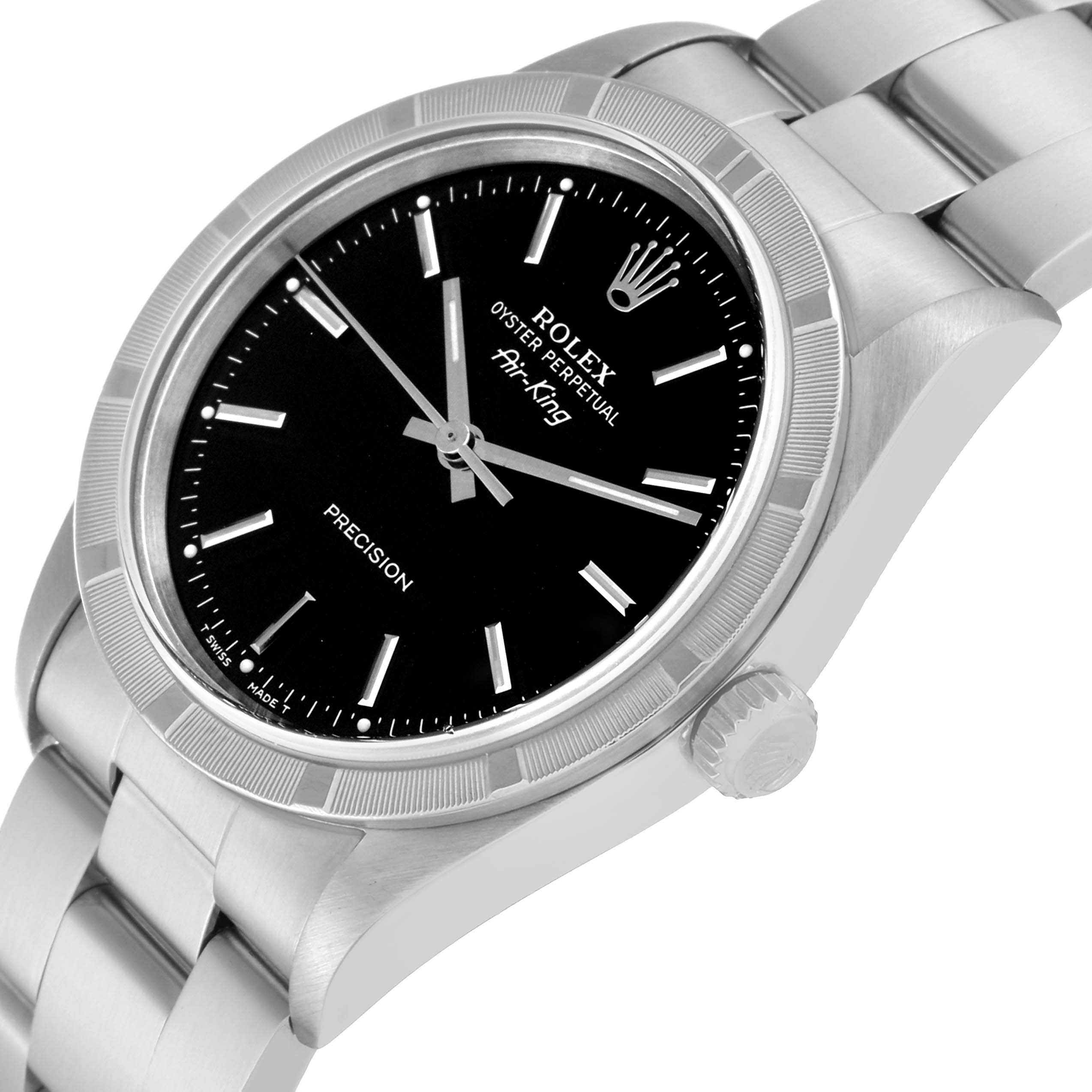 The image shows a close-up angled view of the Rolex Air-King 14010M Men's Stainless Steel Black Dial 14010M Men's Stainless Steel Black Dial watch, highlighting the black dial, case, crown, and bracelet.