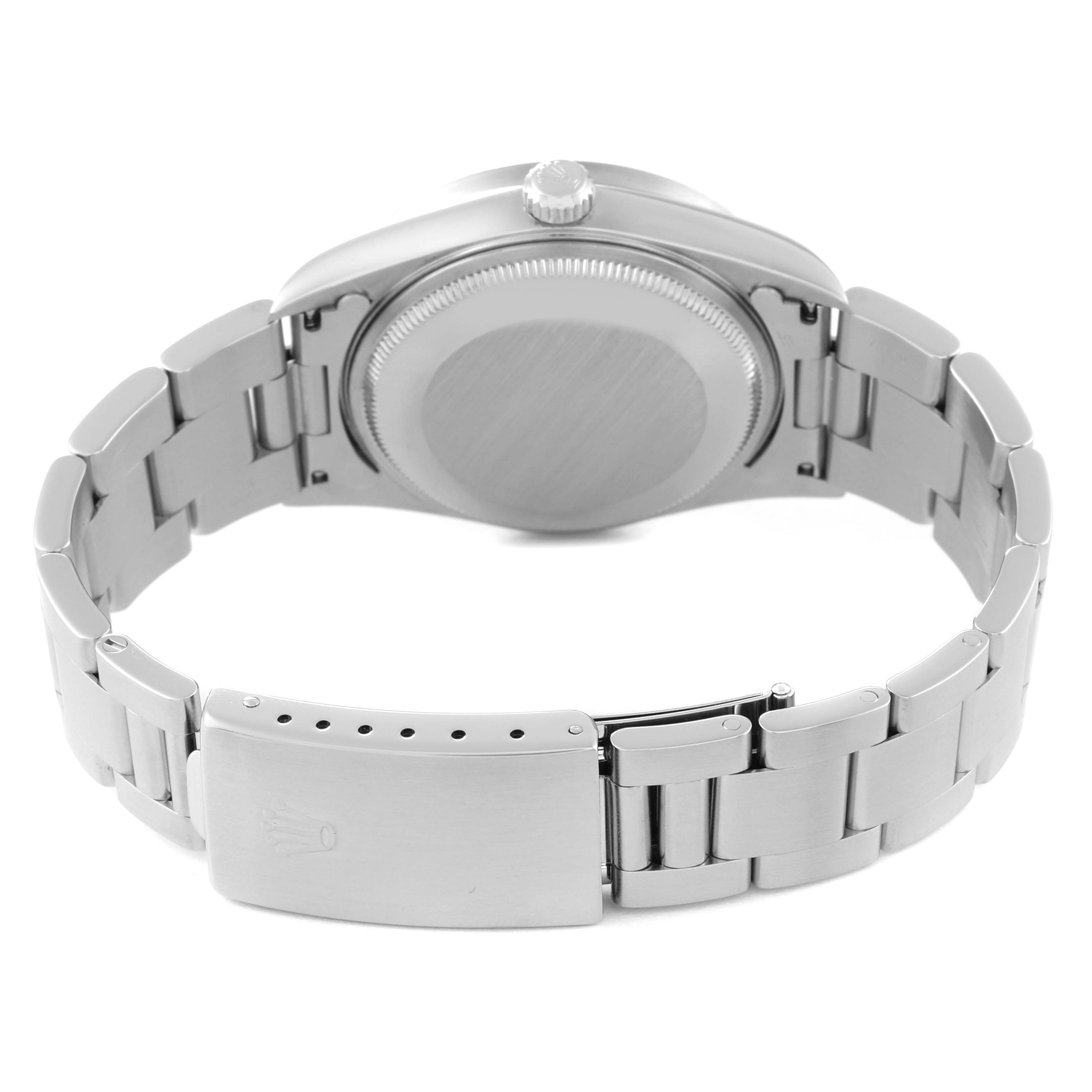 This image shows the back view of a Rolex Air-King 14010M Men's Stainless Steel Black Dial 14010M Men's Stainless Steel Black Dial watch, highlighting the case back, crown, and bracelet clasp.