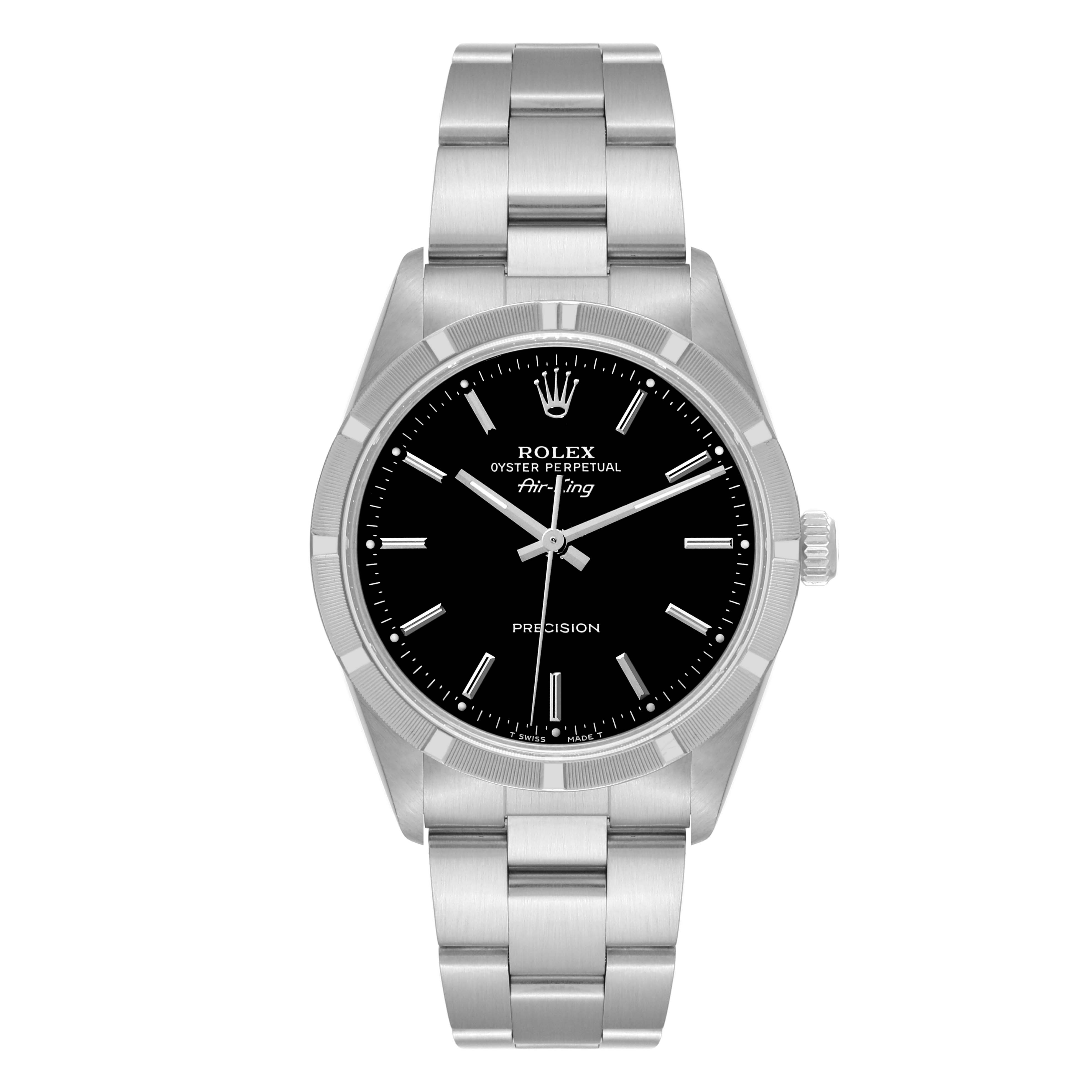 The image shows a Rolex Air-King 14010M Men's Stainless Steel Black Dial 14010M Men's Stainless Steel Black Dial watch from a front angle, displaying the black dial, silver bezel, and metallic bracelet.