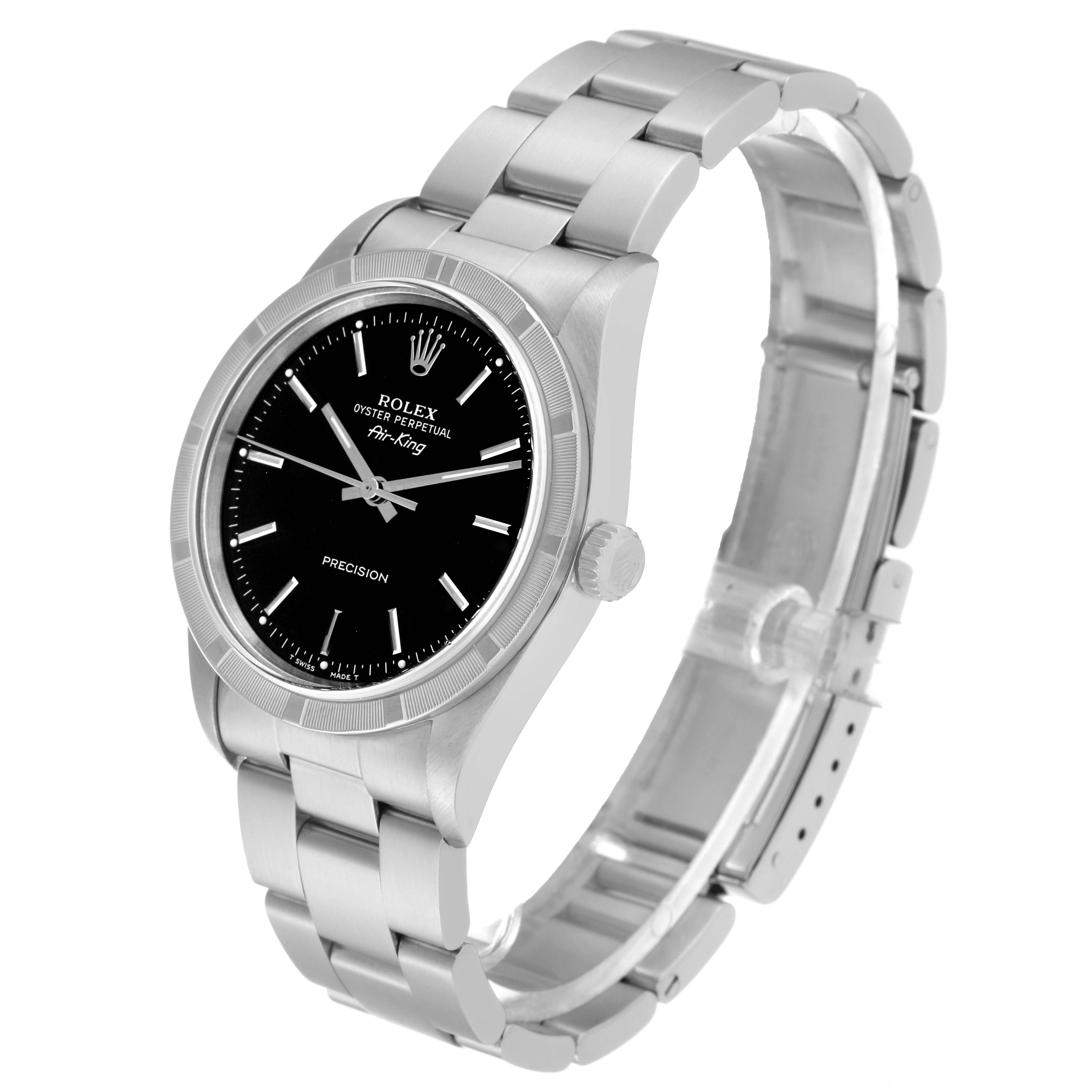 This image shows a Rolex Air-King 14010M Men's Stainless Steel Black Dial 14010M Men's Stainless Steel Black Dial watch angled from the right side, displaying the black dial, bracelet, and clasp.