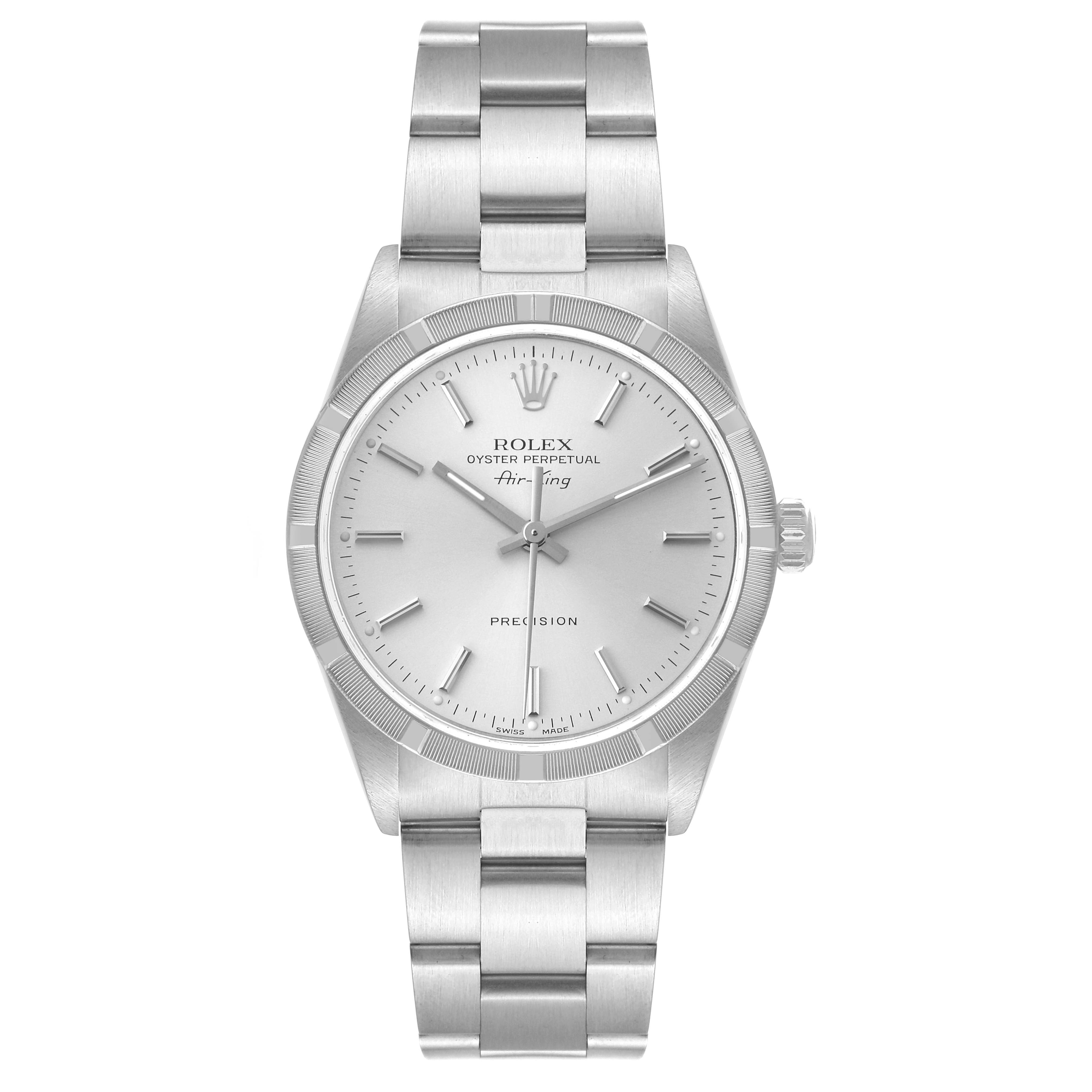 This image shows a front view of a Rolex Air-King 14010 Men's Stainless Steel Silver Dial 14010 Men's Stainless Steel Silver Dial watch, displaying its dial, hands, and bracelet.