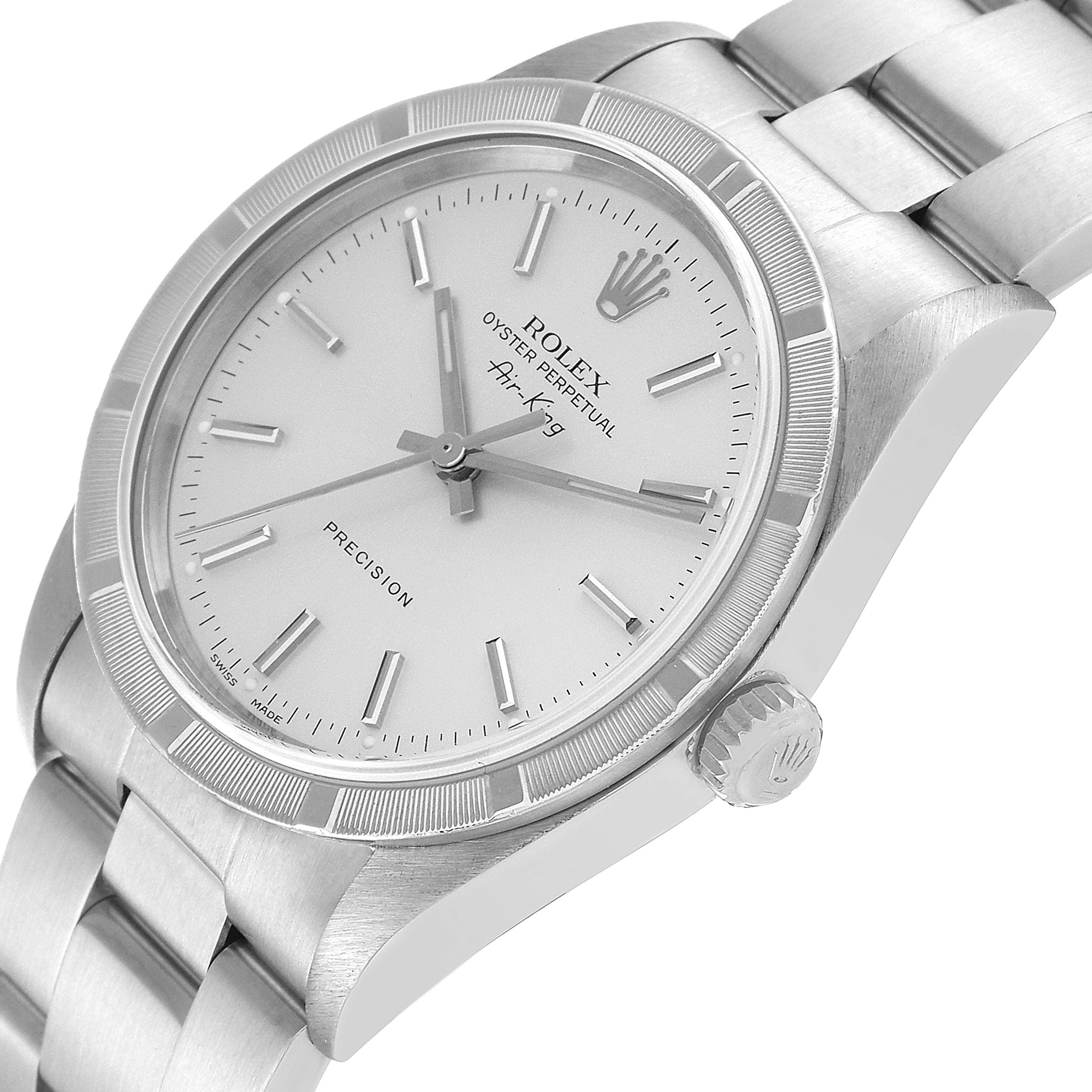 The image shows a close-up of the Rolex Air-King 14010 Men's Stainless Steel Silver Dial 14010 Men's Stainless Steel Silver Dial watch from an angled side view, highlighting the dial, bezel, and bracelet.
