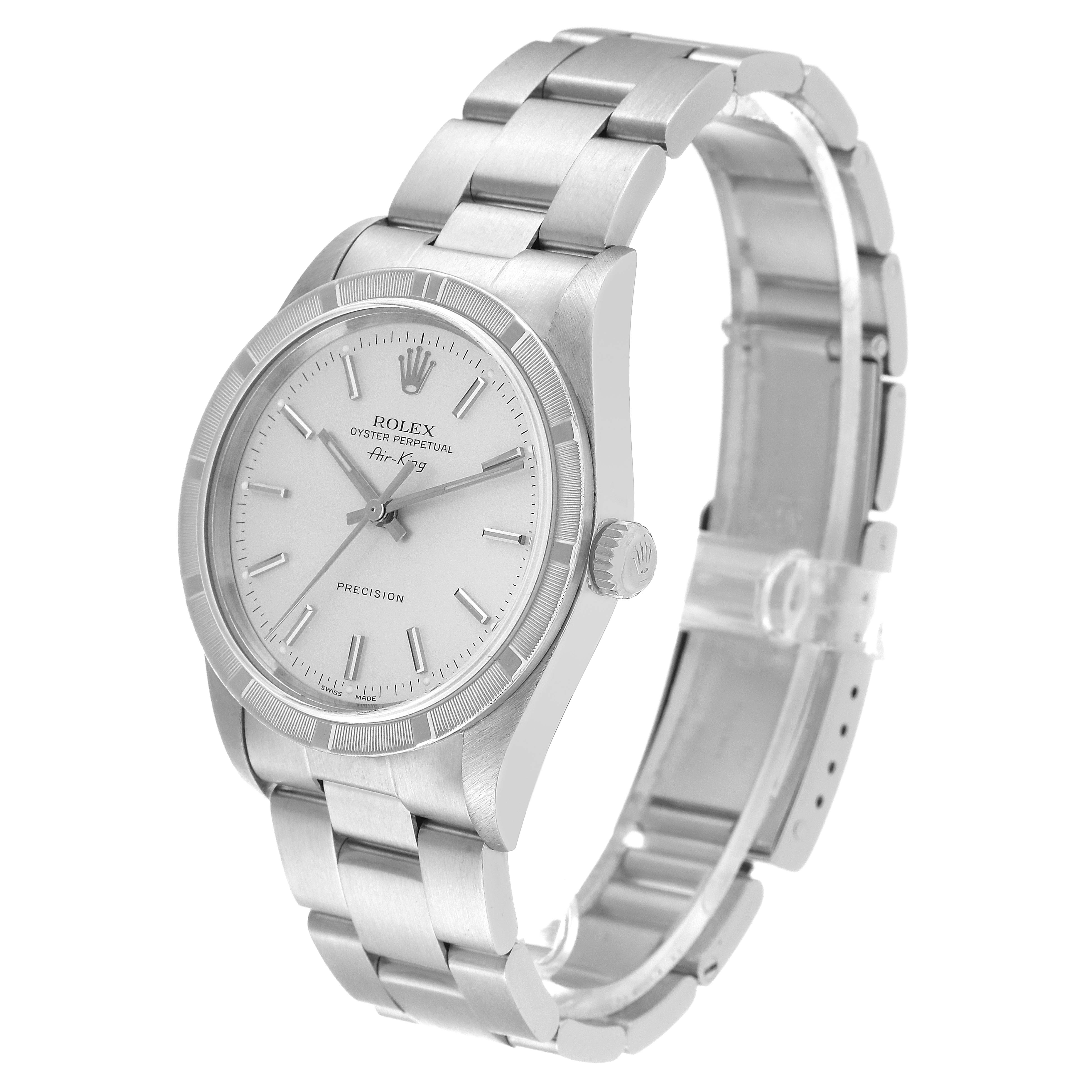 This Rolex Air-King 14010 Men's Stainless Steel Silver Dial 14010 Men's Stainless Steel Silver Dial watch is displayed at a three-quarter angle, showcasing its face, bezel, crown, and metal bracelet.