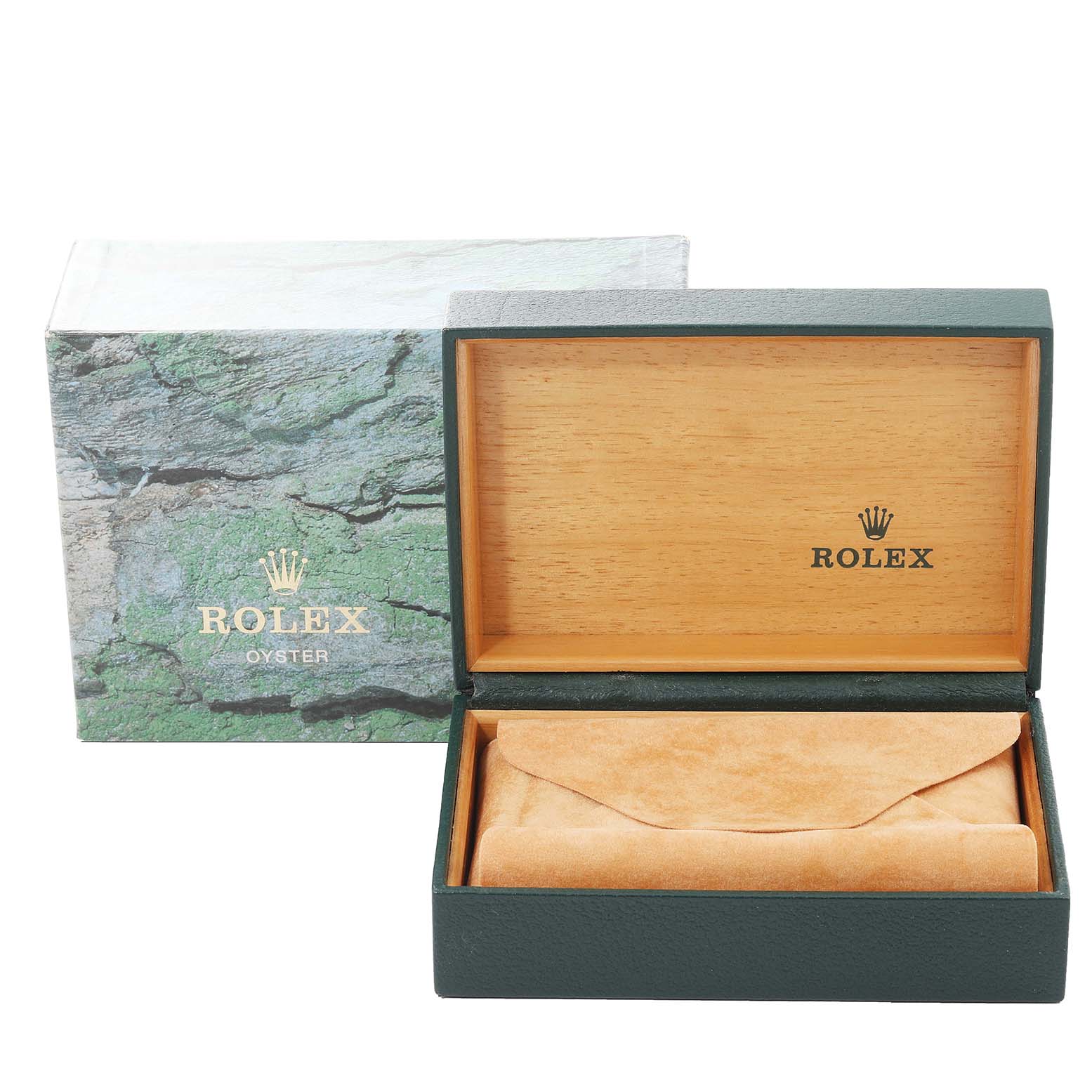 The image shows the packaging angle of a Rolex Air-King 14010 Men's Stainless Steel Silver Dial 14010 Men's Stainless Steel Silver Dial, including an open wooden box and its outer box.