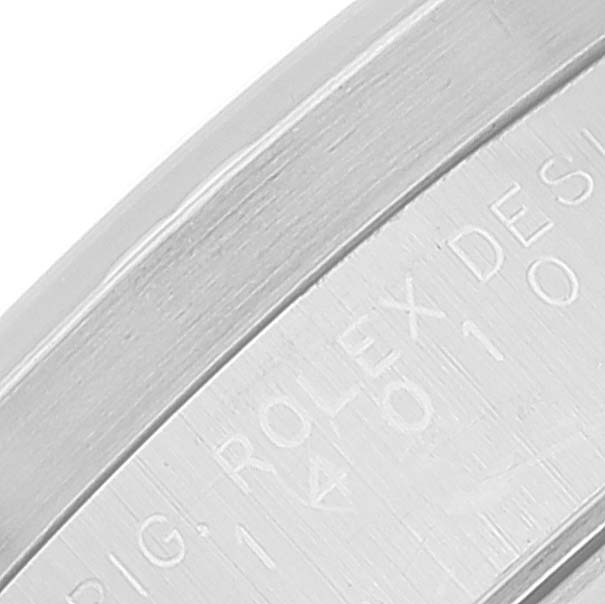 The image shows a close-up of the engraved case side of a Rolex Air-King 14010 Men's Stainless Steel Silver Dial 14010 Men's Stainless Steel Silver Dial watch.