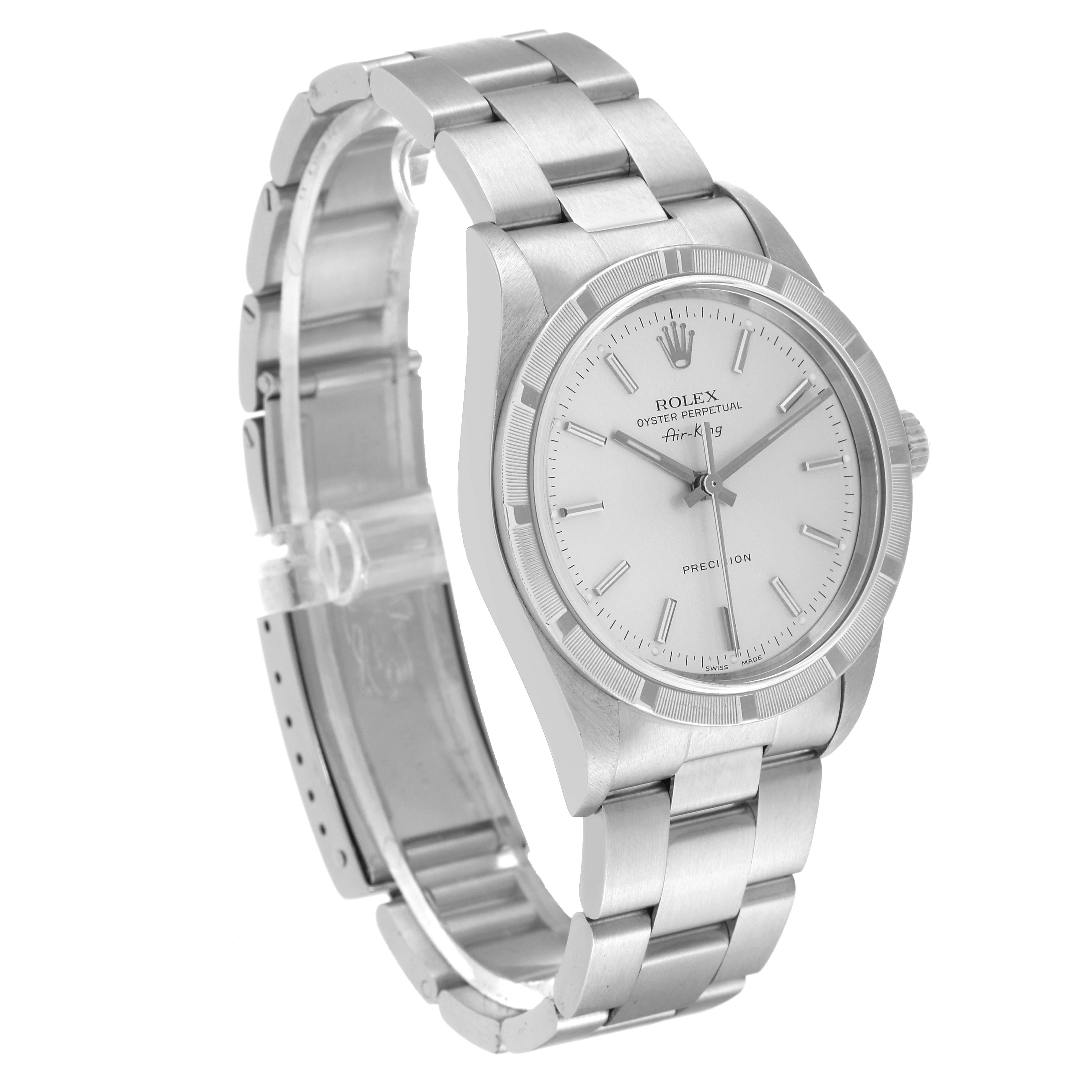 The Rolex Air-King 14010 Men's Stainless Steel Silver Dial 14010 Men's Stainless Steel Silver Dial watch is photographed at a three-quarter angle, showcasing the dial, bezel, bracelet, and crown.