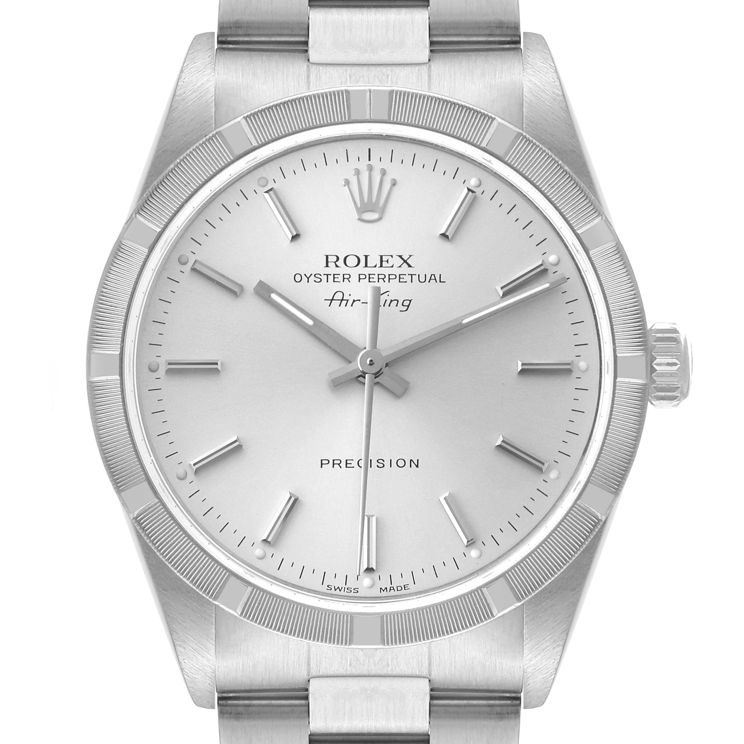 The image shows a front view of the Rolex Air-King 14010 Men's Stainless Steel Silver Dial 14010 Men's Stainless Steel Silver Dial watch, displaying the dial, bezel, hands, crown, and part of the bracelet.