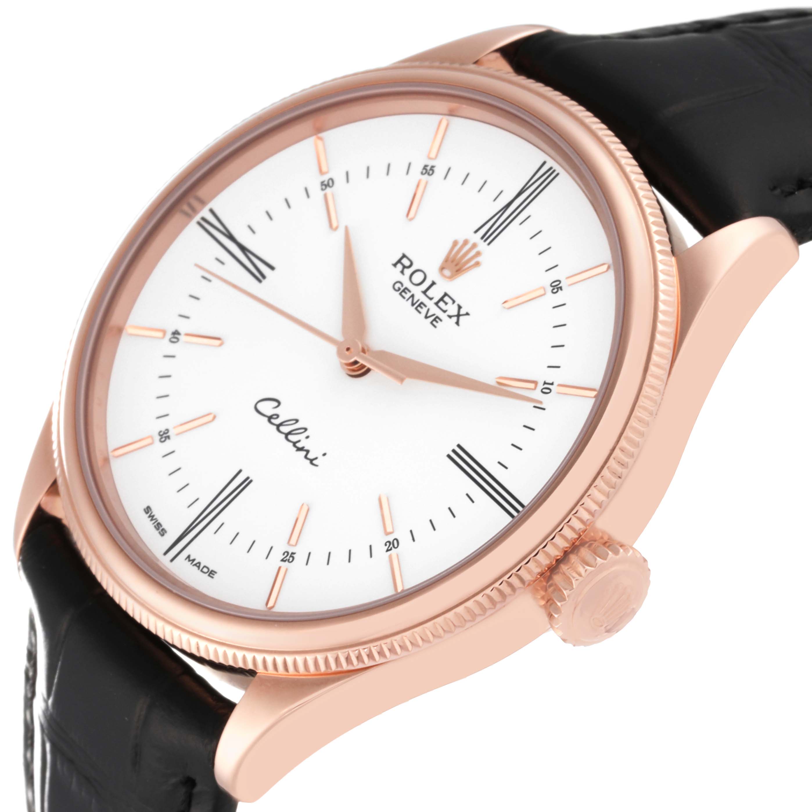 The image shows a close-up, angled view of the watch face, case, bezel, and part of the strap of a Rolex Cellini 50505 Men's Rose Gold White Dial 50505 Men's Rose Gold White Dial model.