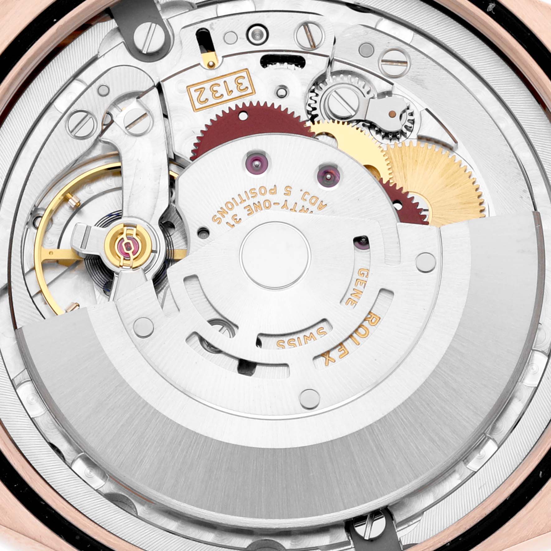 The image shows the internal mechanism and movement components of the Rolex Cellini 50505 Men's Rose Gold White Dial 50505 Men's Rose Gold White Dial model watch from a back angle.