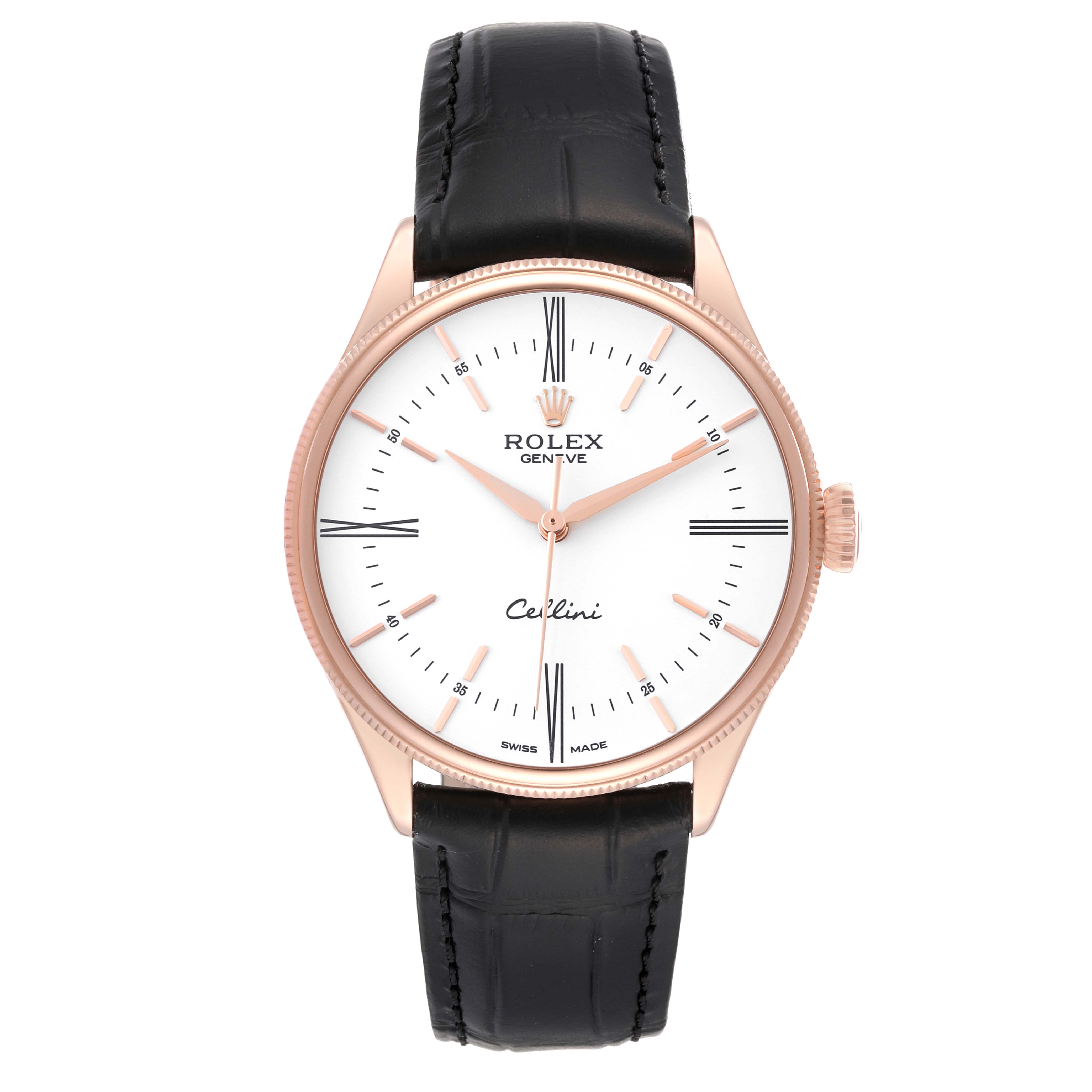 This image shows a front view of a Rolex Cellini 50505 Men's Rose Gold White Dial 50505 Men's Rose Gold White Dial watch, featuring its dial, case, crown, and leather strap.