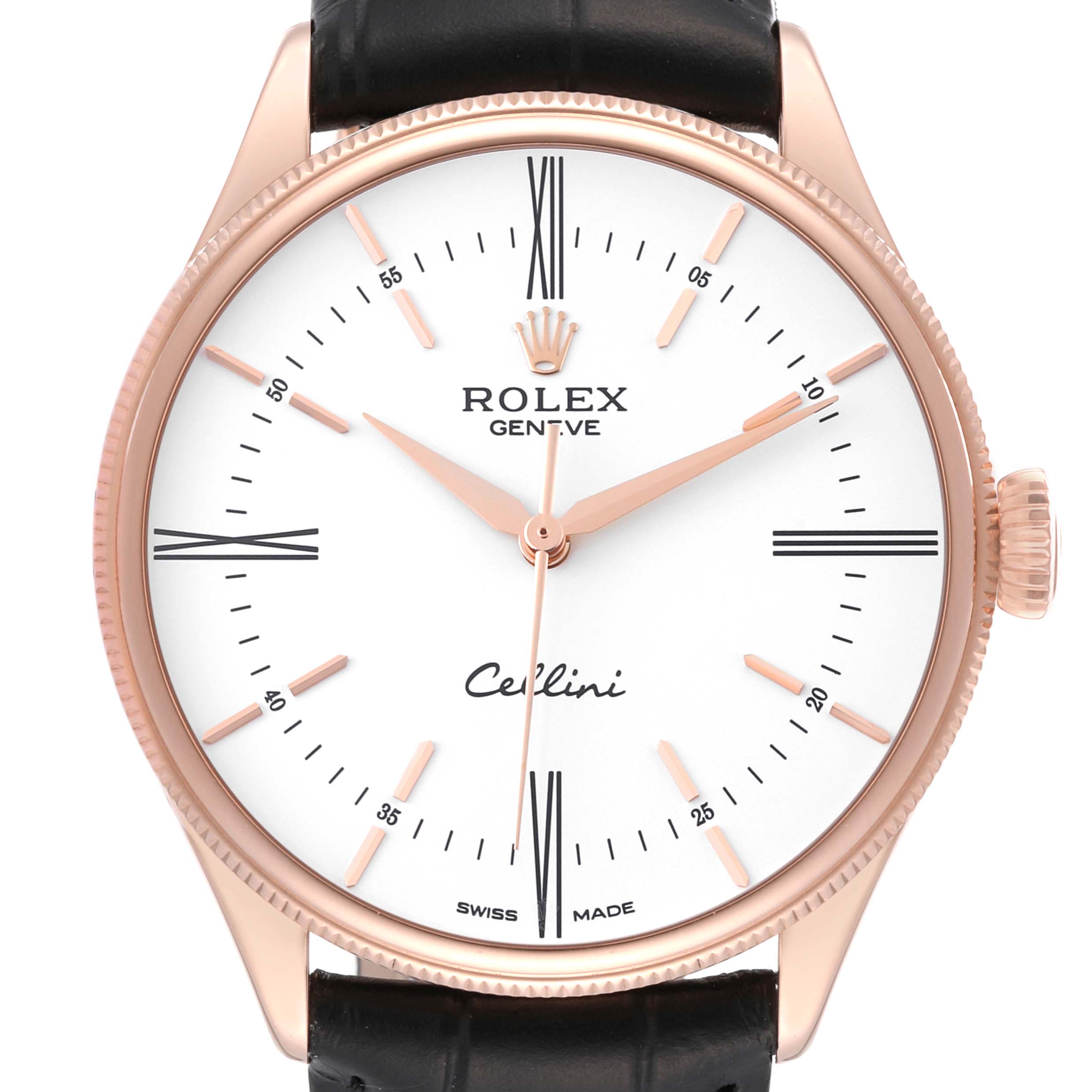 This image shows a close-up, front-facing view of the dial and bezel of a Rolex Cellini 50505 Men's Rose Gold White Dial 50505 Men's Rose Gold White Dial watch.