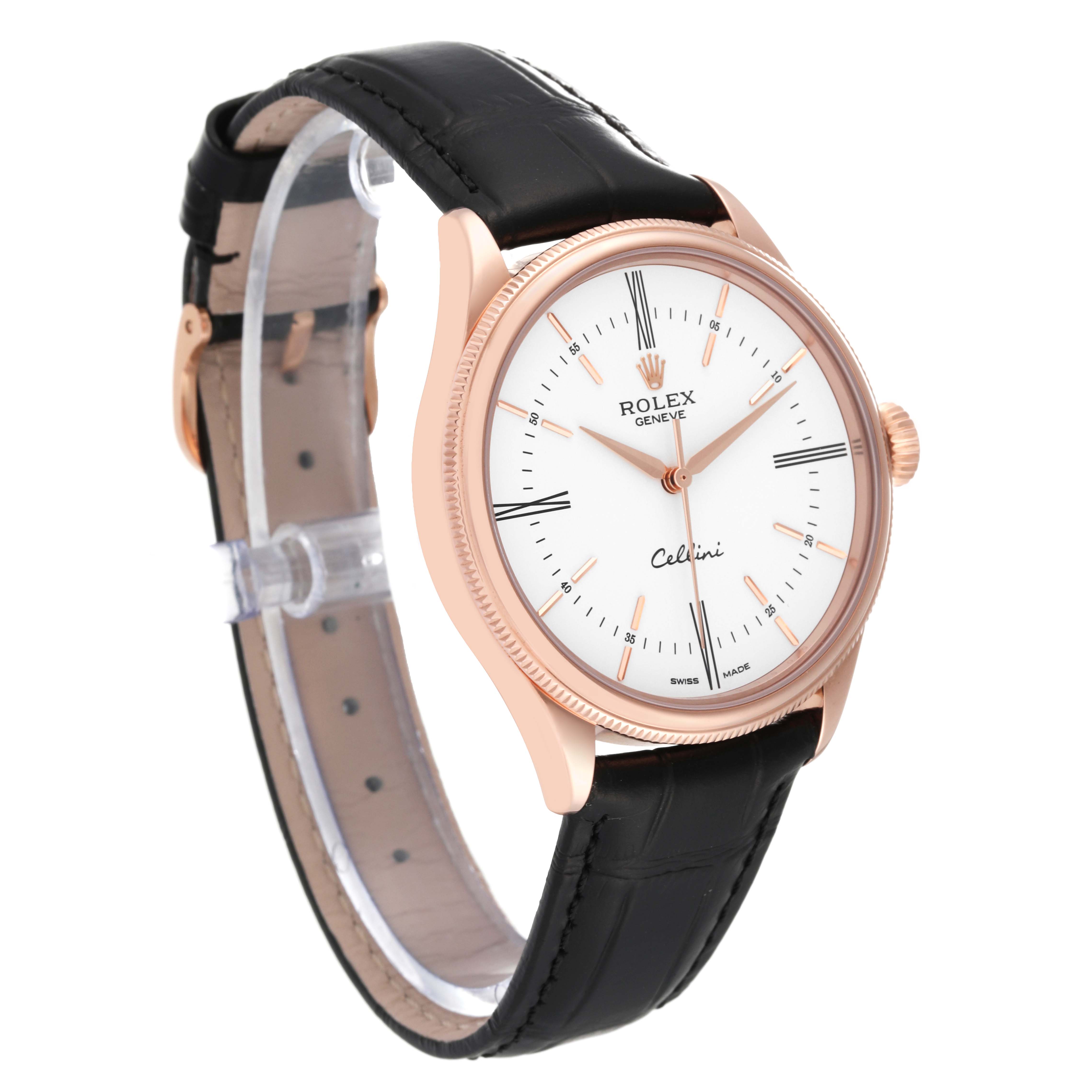 The watch displays a side angle of the Rolex Cellini 50505 Men's Rose Gold White Dial 50505 Men's Rose Gold White Dial model, emphasizing its dial, case, crown, and black leather strap.