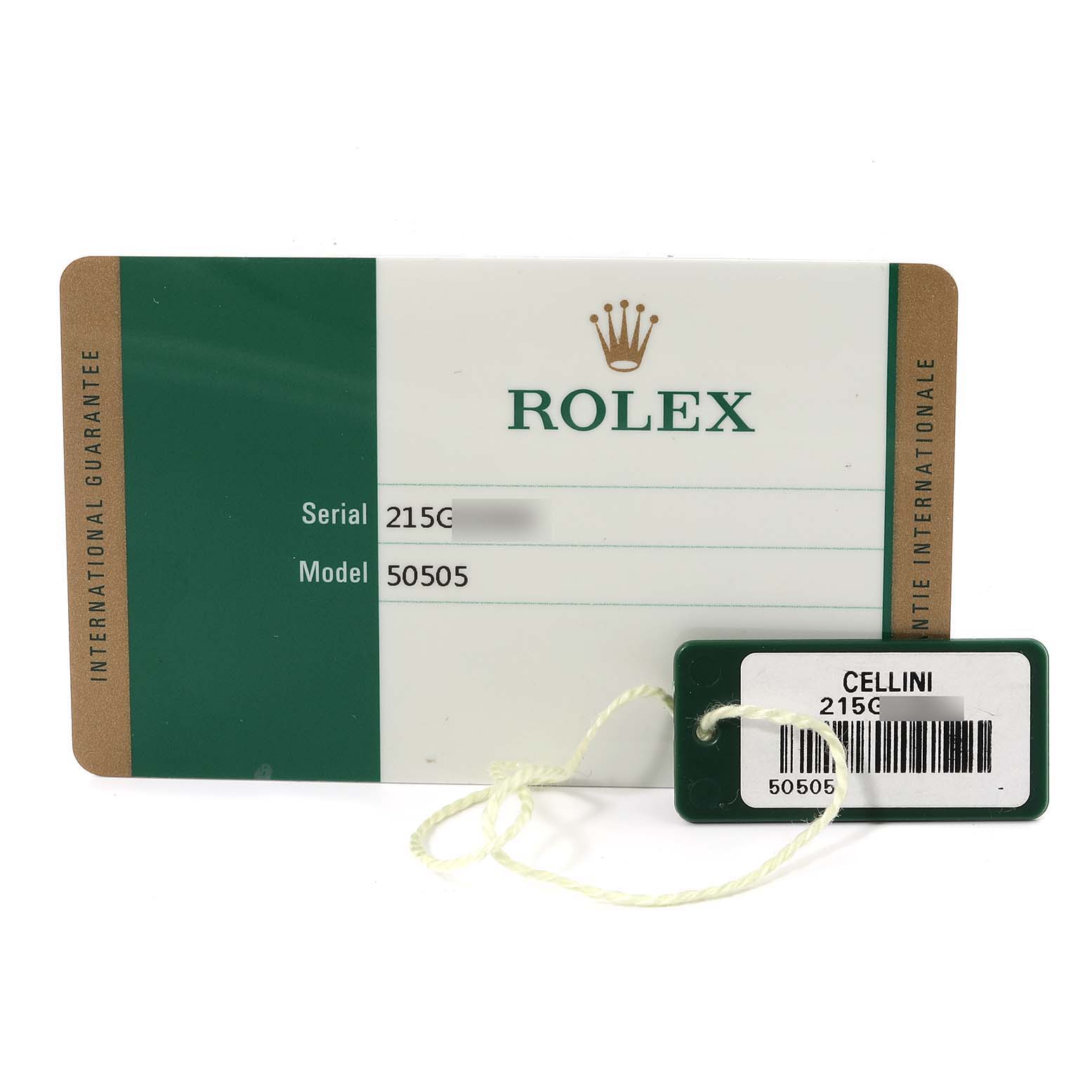 The image shows a Rolex warranty card and tag for the Cellini model, displaying the serial and model numbers.