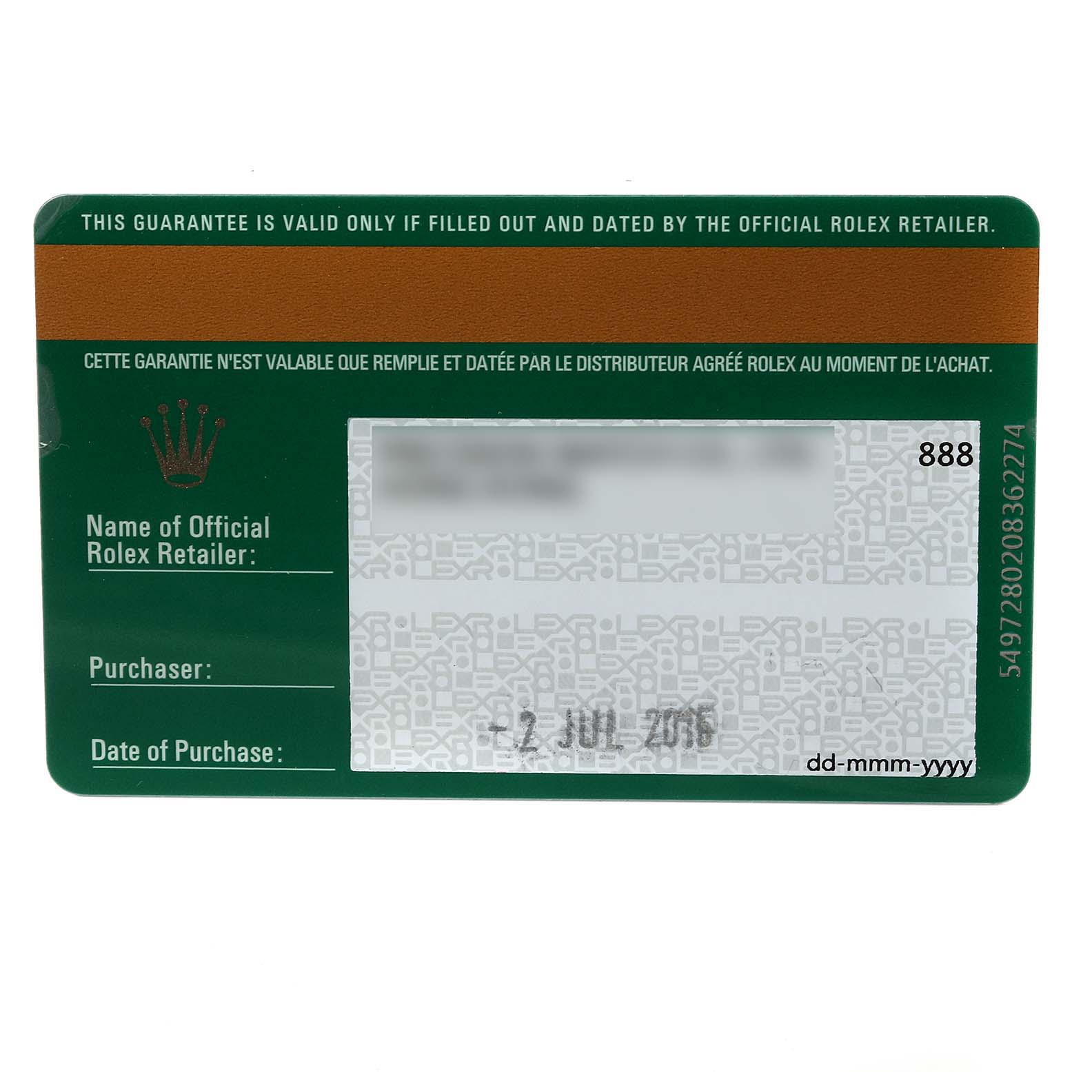 This image shows a Rolex guarantee card for the Cellini model, displaying the retailer's name, purchaser, and purchase date fields.