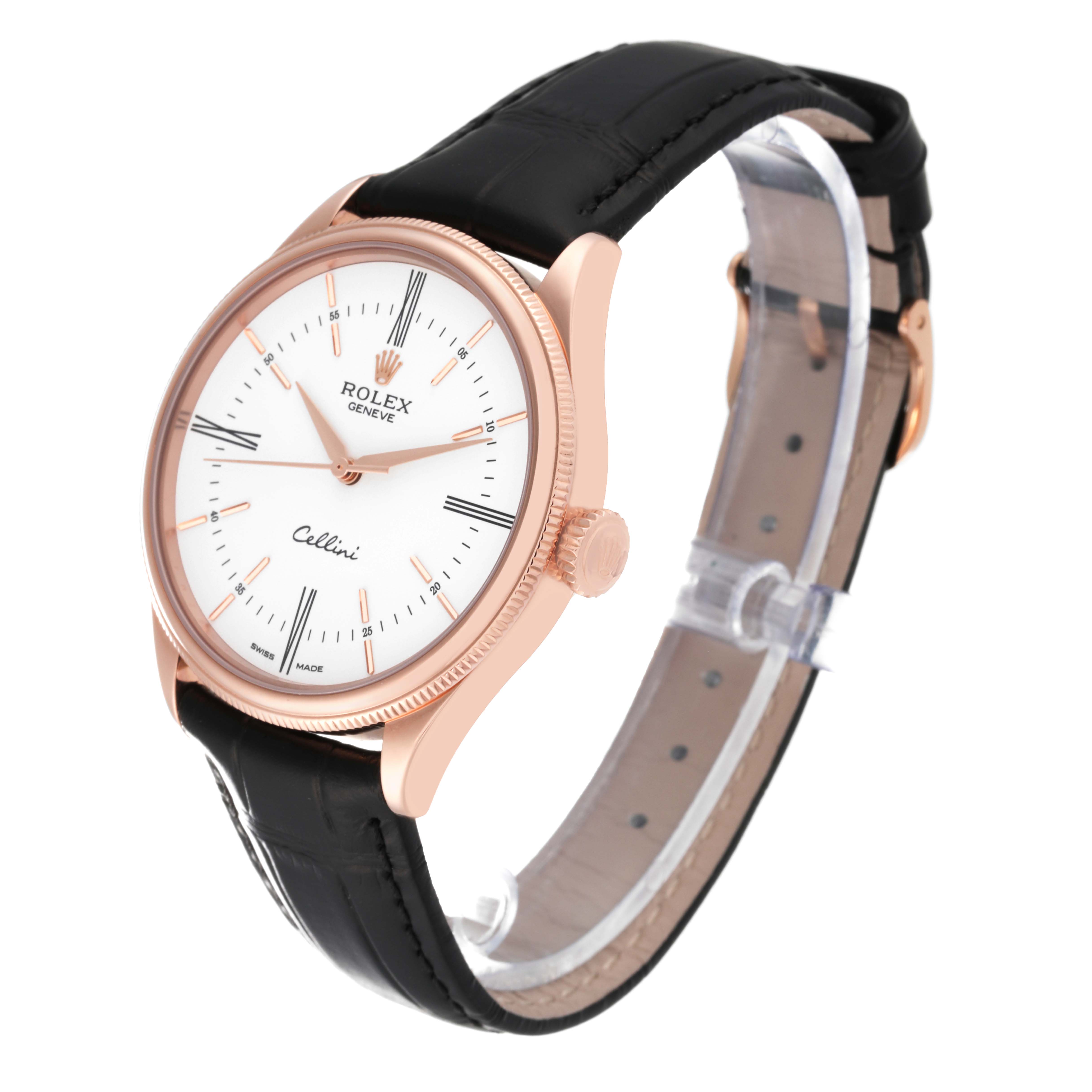 This image shows a Rolex Cellini 50505 Men's Rose Gold White Dial 50505 Men's Rose Gold White Dial watch at an angle showcasing its face, bezel, crown, and leather strap.