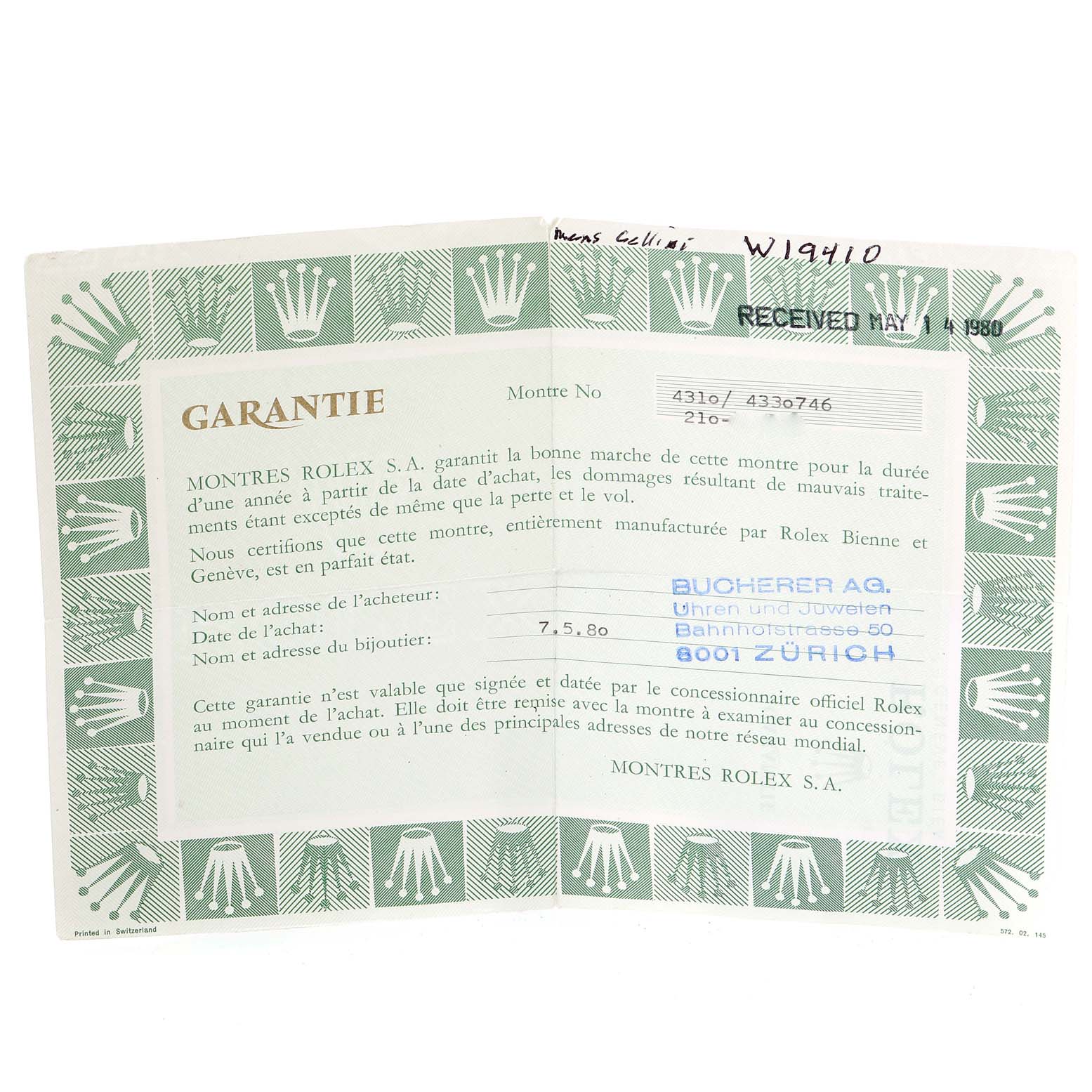 This image shows a guarantee certificate for a Rolex Cellini 4310 Men's Yellow Gold Champagne Dial 4310 Men's Yellow Gold Champagne Dial watch.