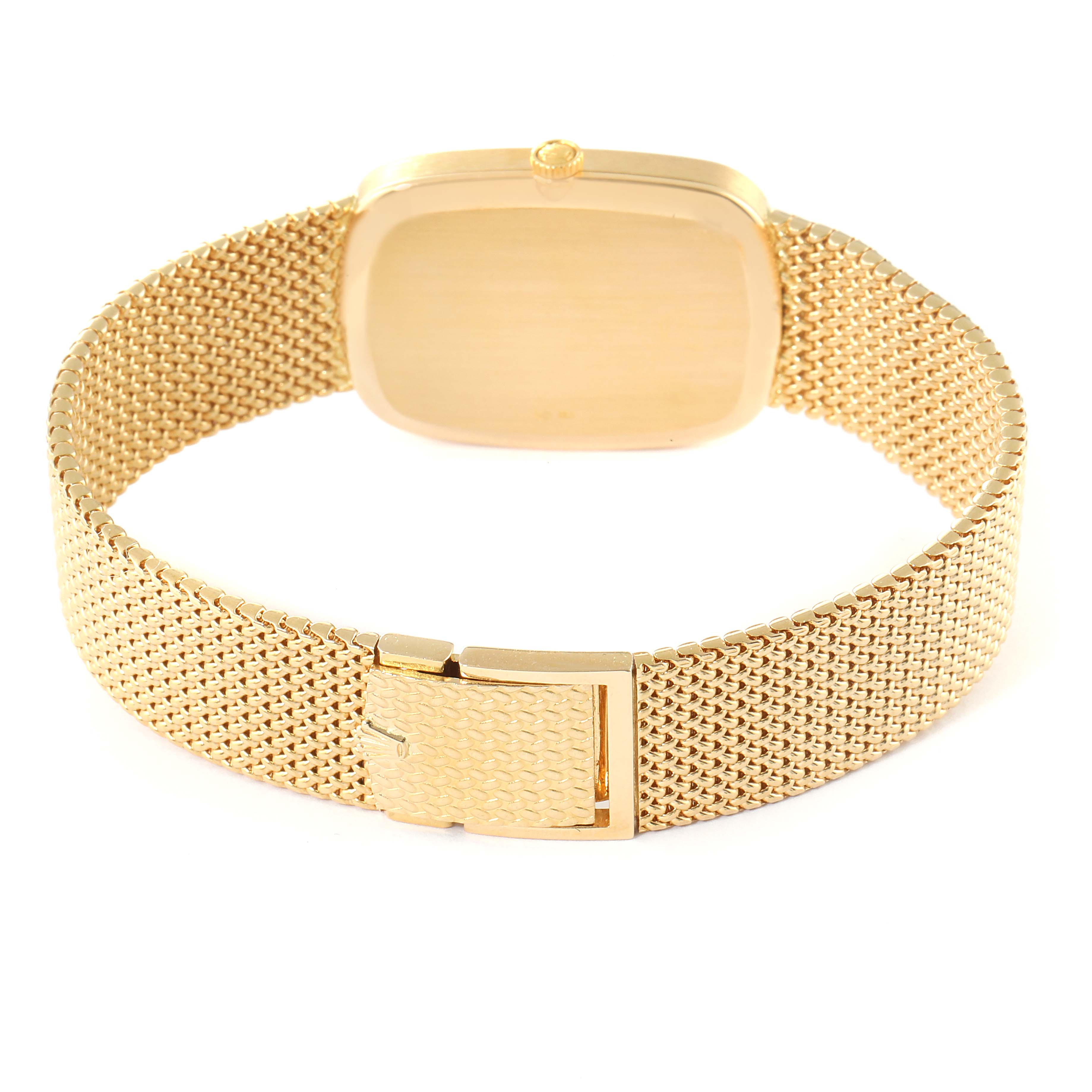 The image shows the back view of a Rolex Cellini 4310 Men's Yellow Gold Champagne Dial 4310 Men's Yellow Gold Champagne Dial watch, highlighting the case and mesh bracelet with a clasp.