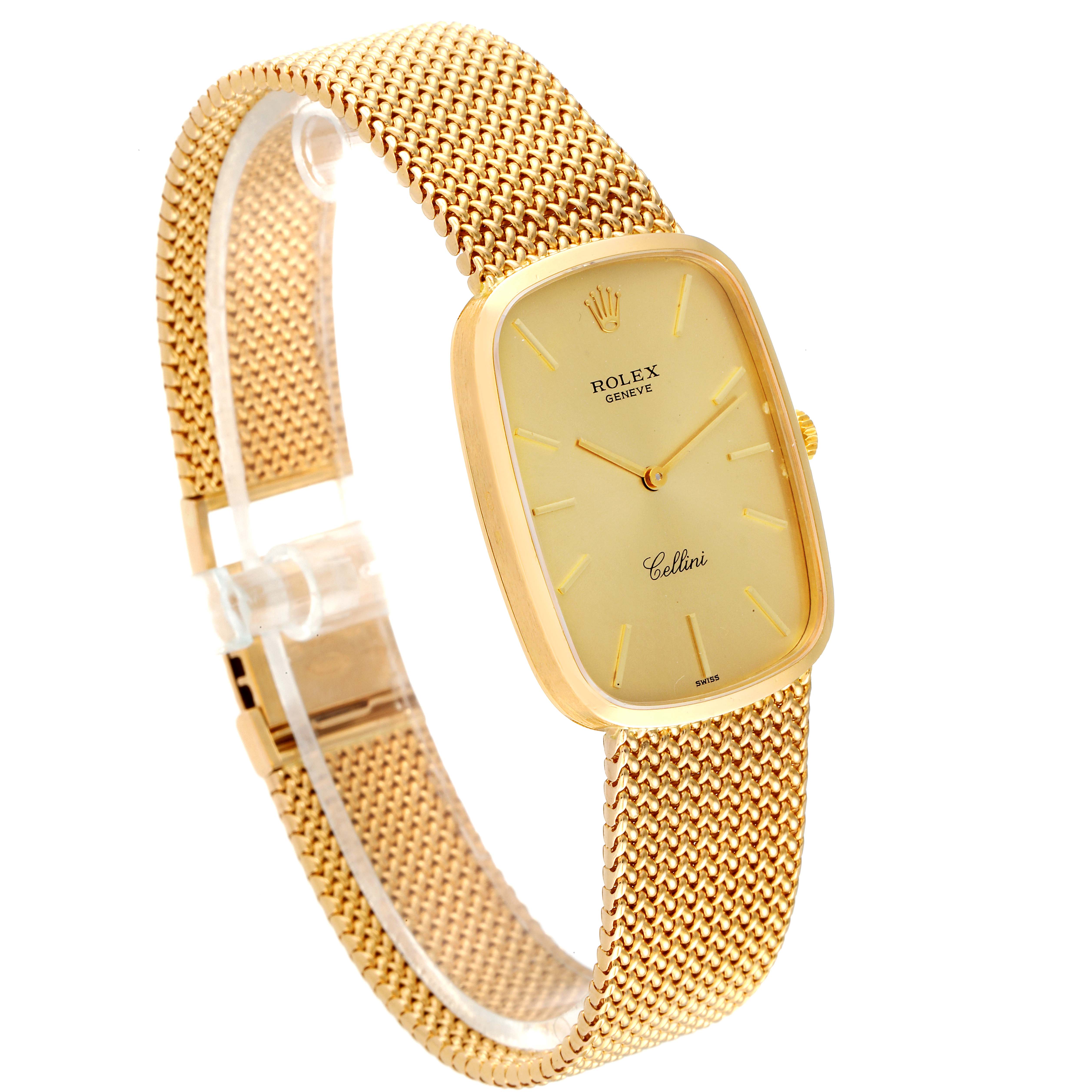 The image shows a Rolex Cellini 4310 Men's Yellow Gold Champagne Dial 4310 Men's Yellow Gold Champagne Dial watch from a side angle, highlighting its gold mesh band and rectangular face.