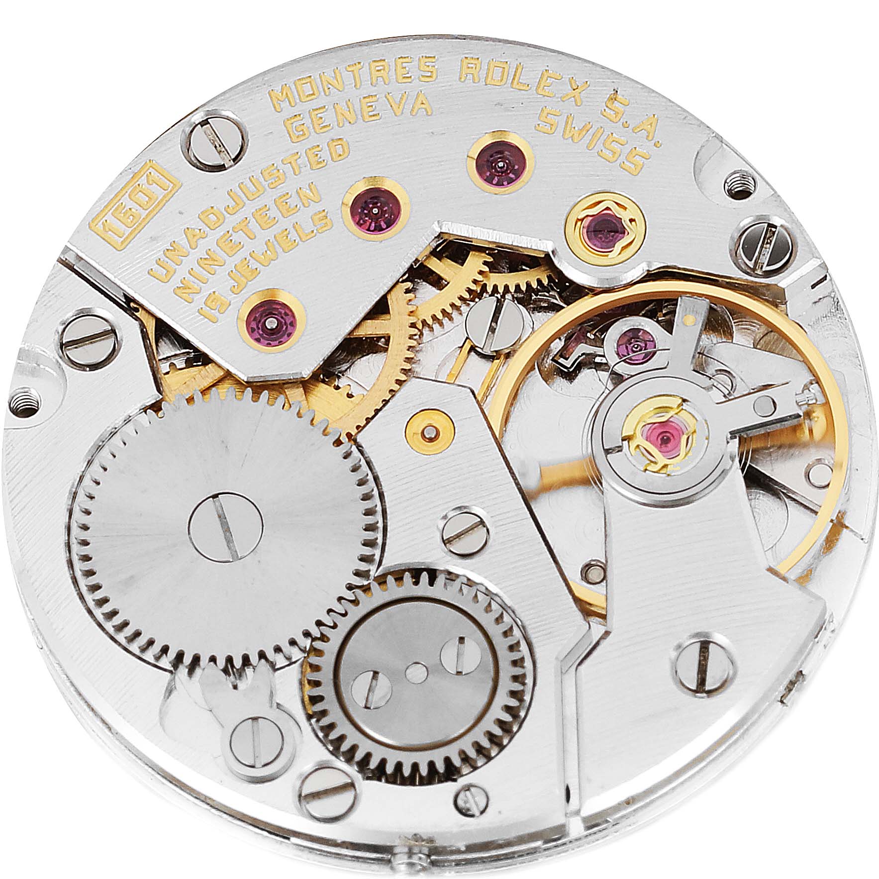 The image shows the movement mechanism of a Rolex Cellini 4310 Men's Yellow Gold Champagne Dial 4310 Men's Yellow Gold Champagne Dial watch from a top-down angle.