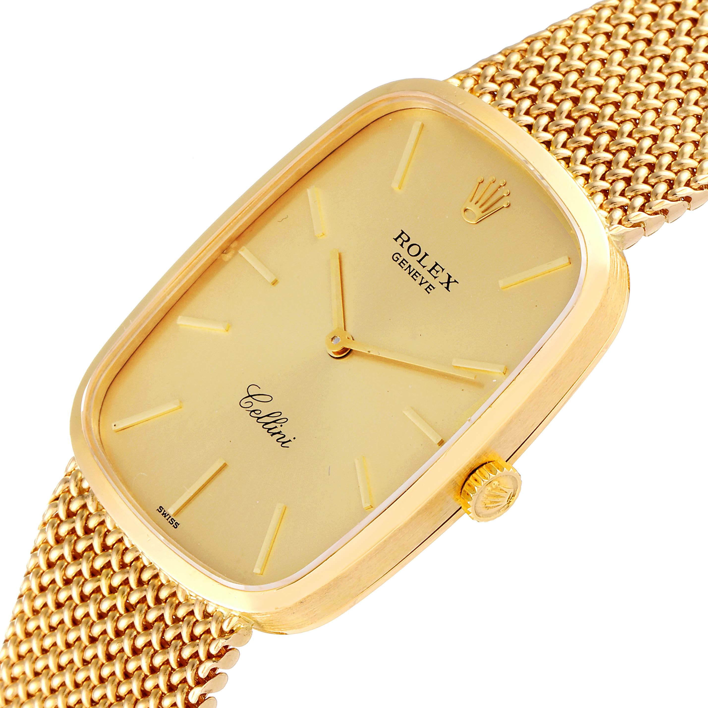 The Rolex Cellini 4310 Men's Yellow Gold Champagne Dial 4310 Men's Yellow Gold Champagne Dial watch is shown at a slight angle, highlighting the face, crown, and part of the gold mesh strap.