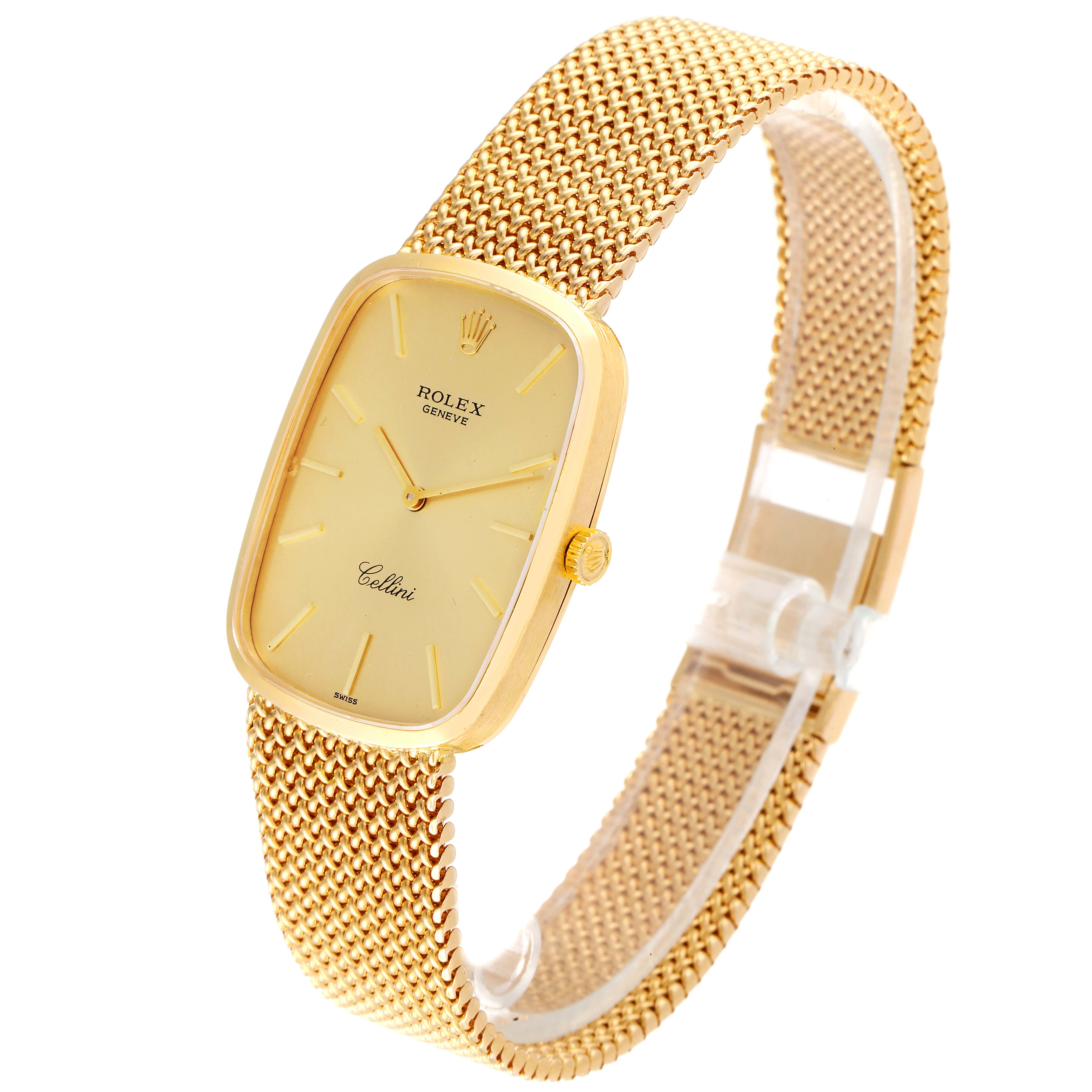 The Rolex Cellini 4310 Men's Yellow Gold Champagne Dial 4310 Men's Yellow Gold Champagne Dial watch is shown at a slight angle, highlighting its gold mesh strap, golden dial, and crown.