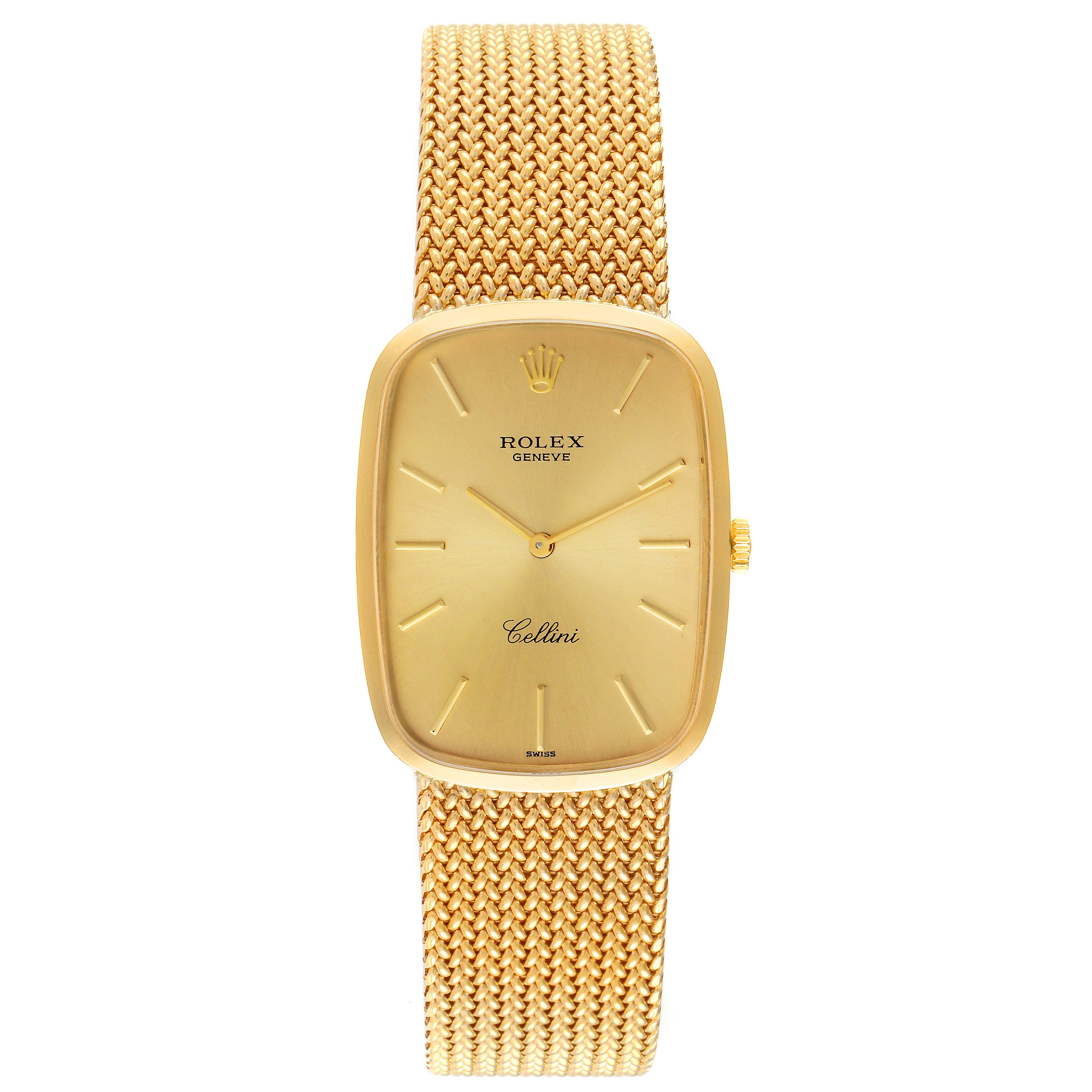 This image shows a Rolex Cellini 4310 Men's Yellow Gold Champagne Dial 4310 Men's Yellow Gold Champagne Dial watch from a top-down angle, displaying the gold dial, gold mesh strap, and crown.