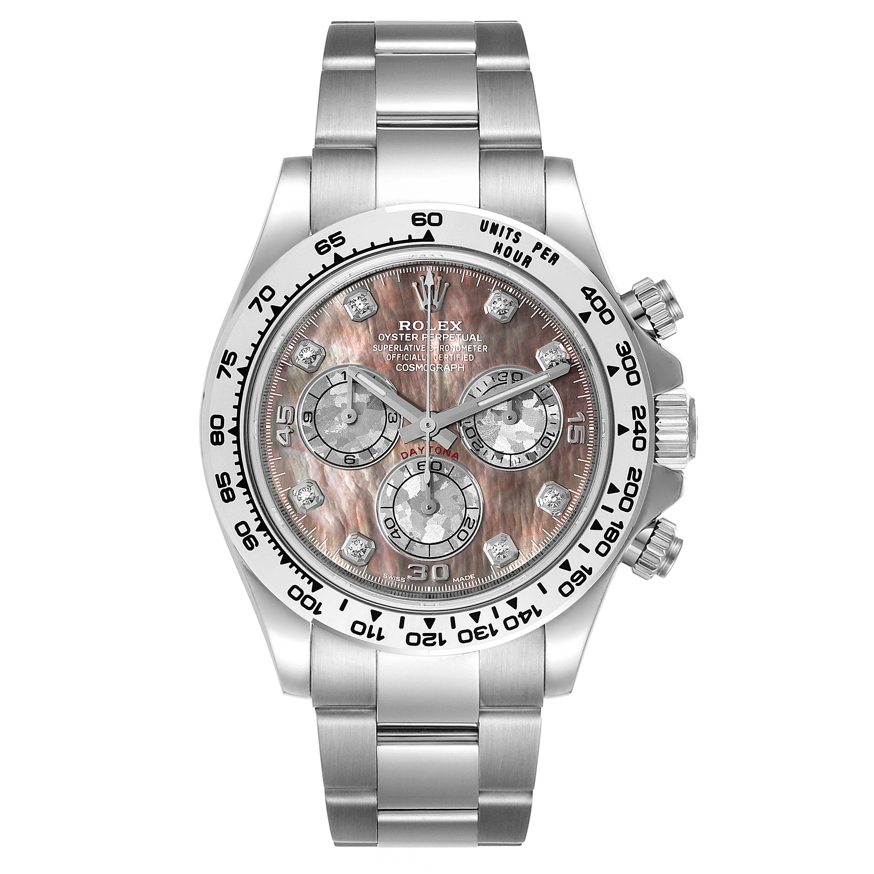 The Rolex Daytona 116509 Men's White Gold Mother of Pearl Dial 116509 Men's White Gold Mother of Pearl Dial watch is shown from a front angle, highlighting the dial, bezel, crown, pushers, and bracelet.