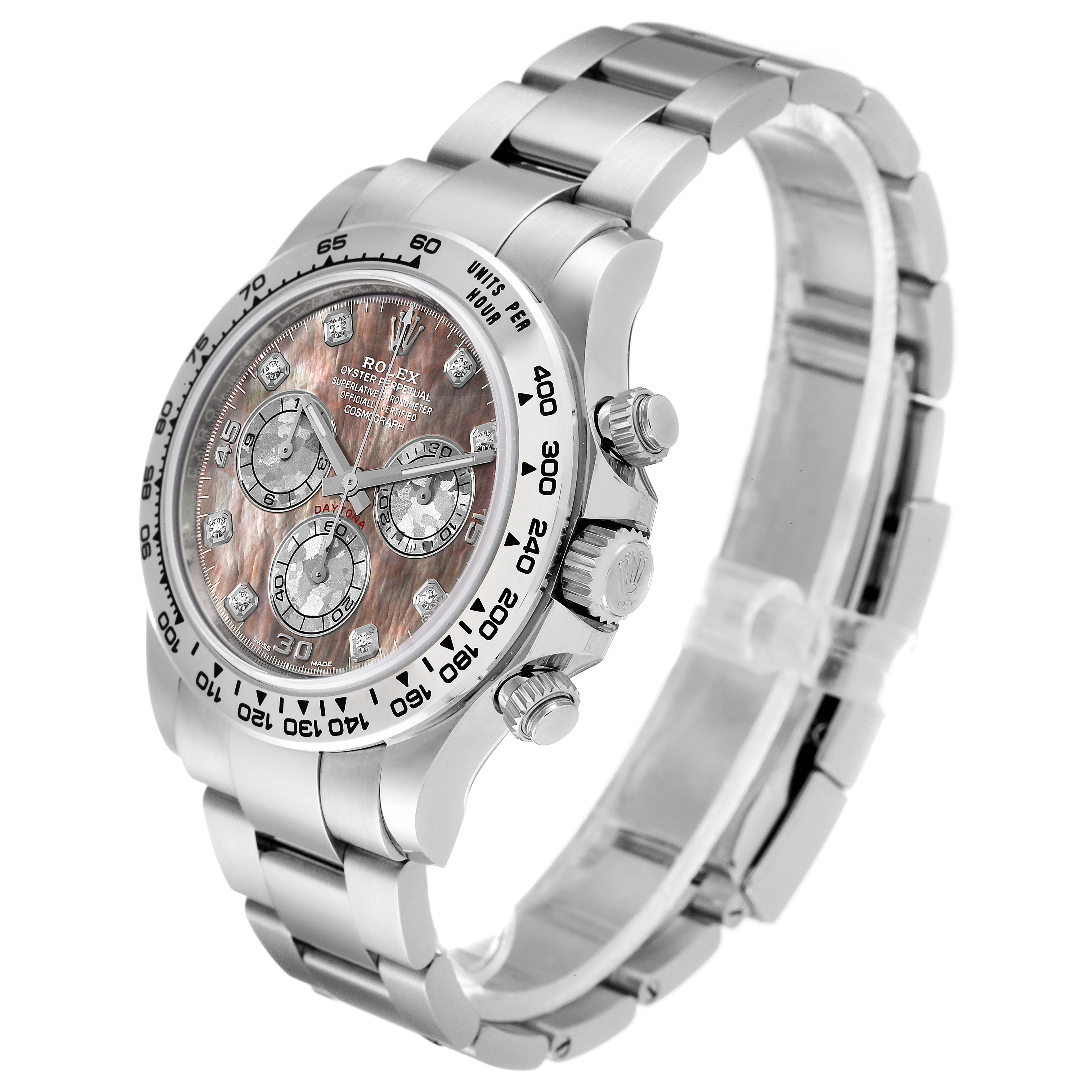 The Rolex Daytona 116509 Men's White Gold Mother of Pearl Dial 116509 Men's White Gold Mother of Pearl Dial watch is shown at a three-quarter angle, displaying the face, bezel, crown, and part of the bracelet.