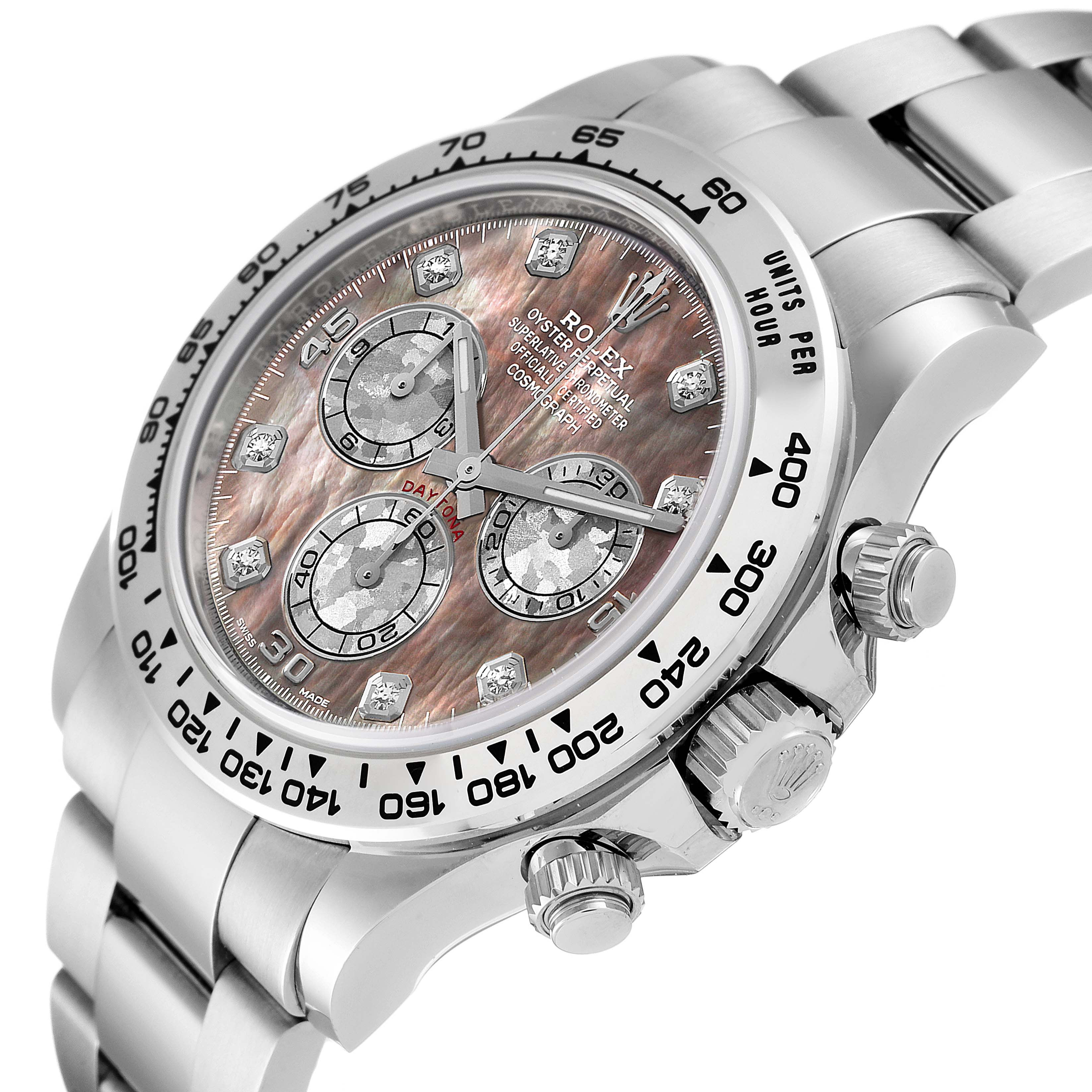 This image shows a close-up, angled view of the Rolex Daytona 116509 Men's White Gold Mother of Pearl Dial 116509 Men's White Gold Mother of Pearl Dial watch featuring its dial, bezel, and part of the bracelet.