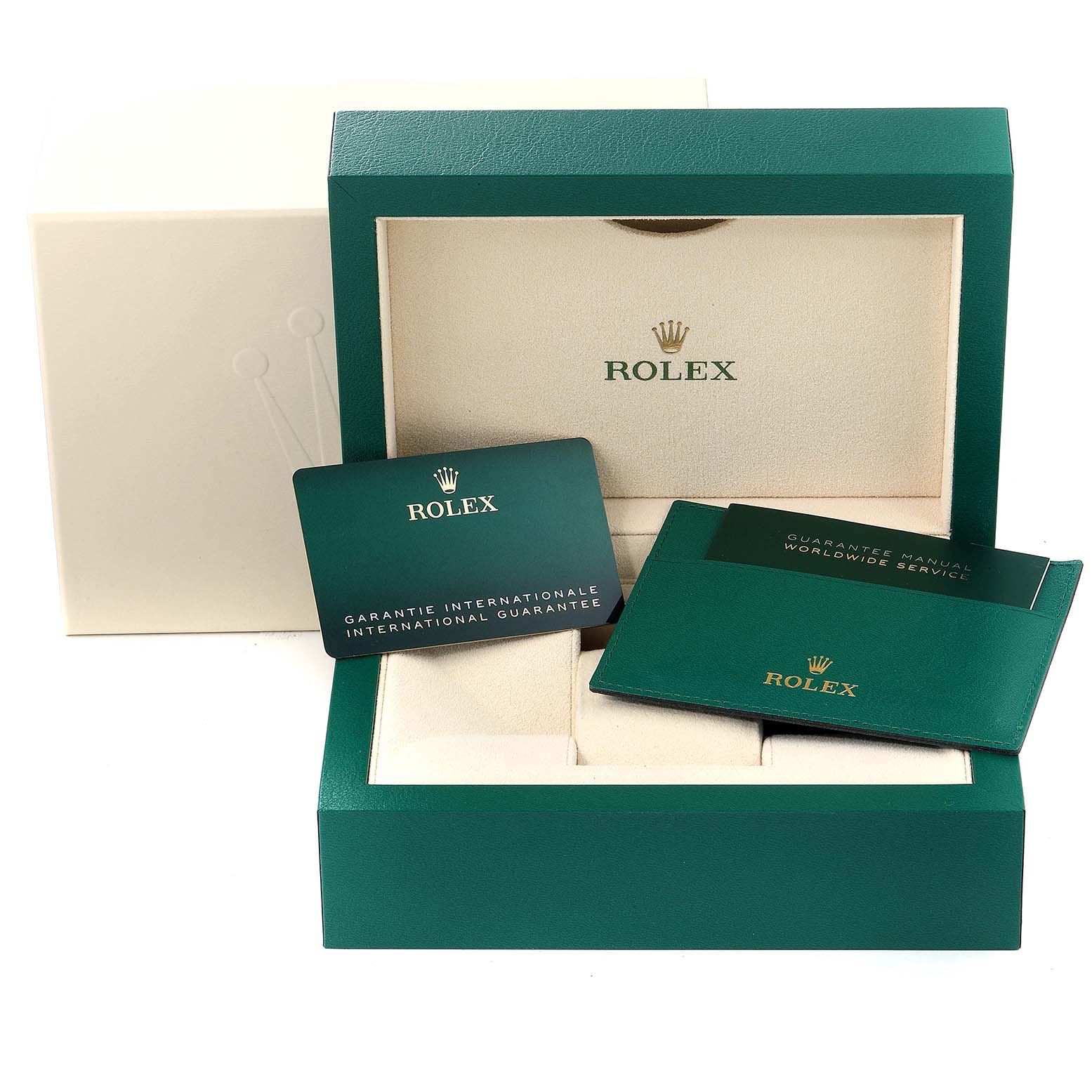 This image shows the open packaging box of the Rolex Daytona 116509 Men's White Gold Mother of Pearl Dial 116509 Men's White Gold Mother of Pearl Dial model, along with guarantee cards and a manual.