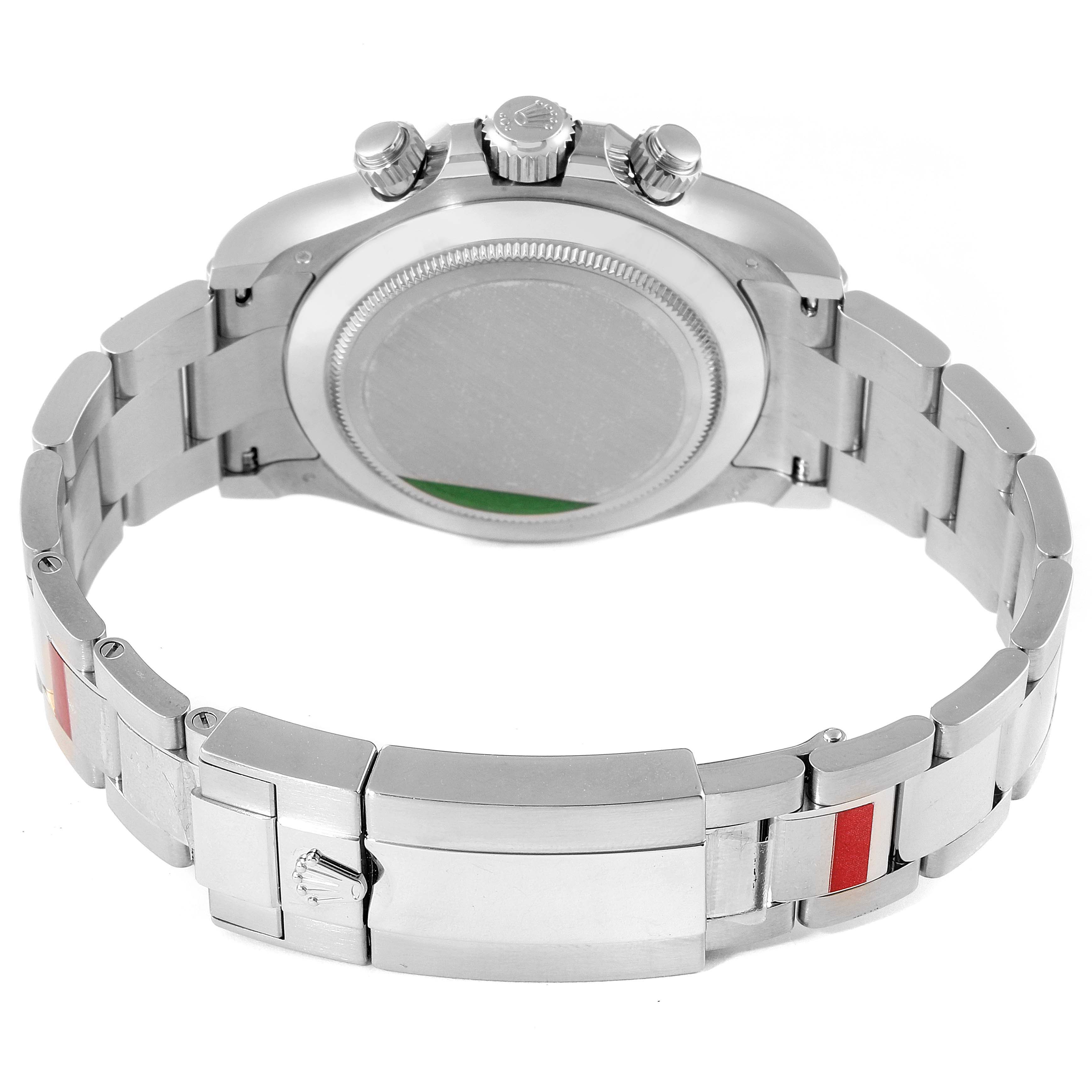 The image shows the back and strap of a Rolex Daytona 116509 Men's White Gold Mother of Pearl Dial 116509 Men's White Gold Mother of Pearl Dial watch, focusing on its caseback, crown, and bracelet clasp.