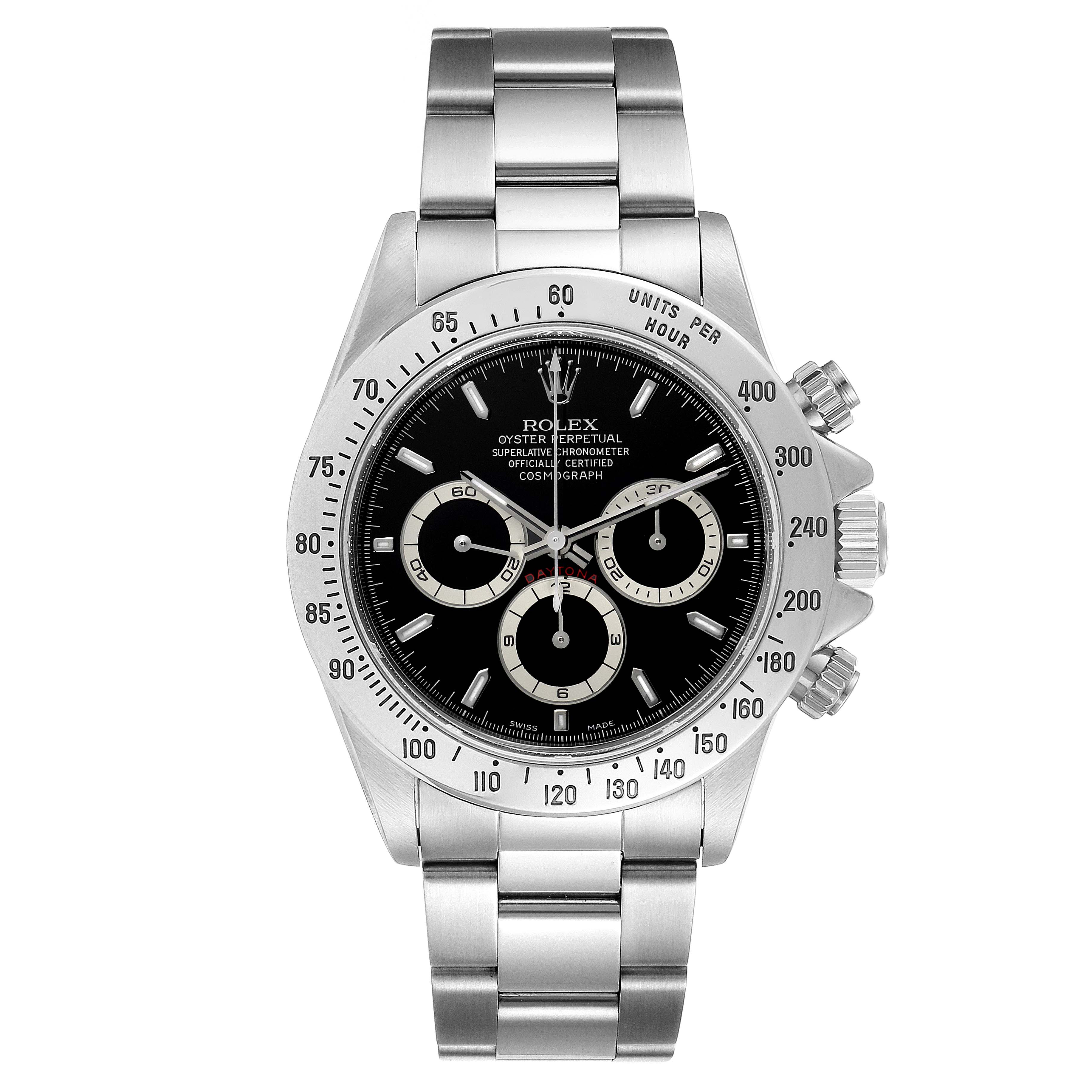 The Rolex Daytona 16520 Men's Stainless Steel Black Dial 16520 Men's Stainless Steel Black Dial watch is shown from the front, displaying its black dial, three sub-dials, and stainless steel bracelet.