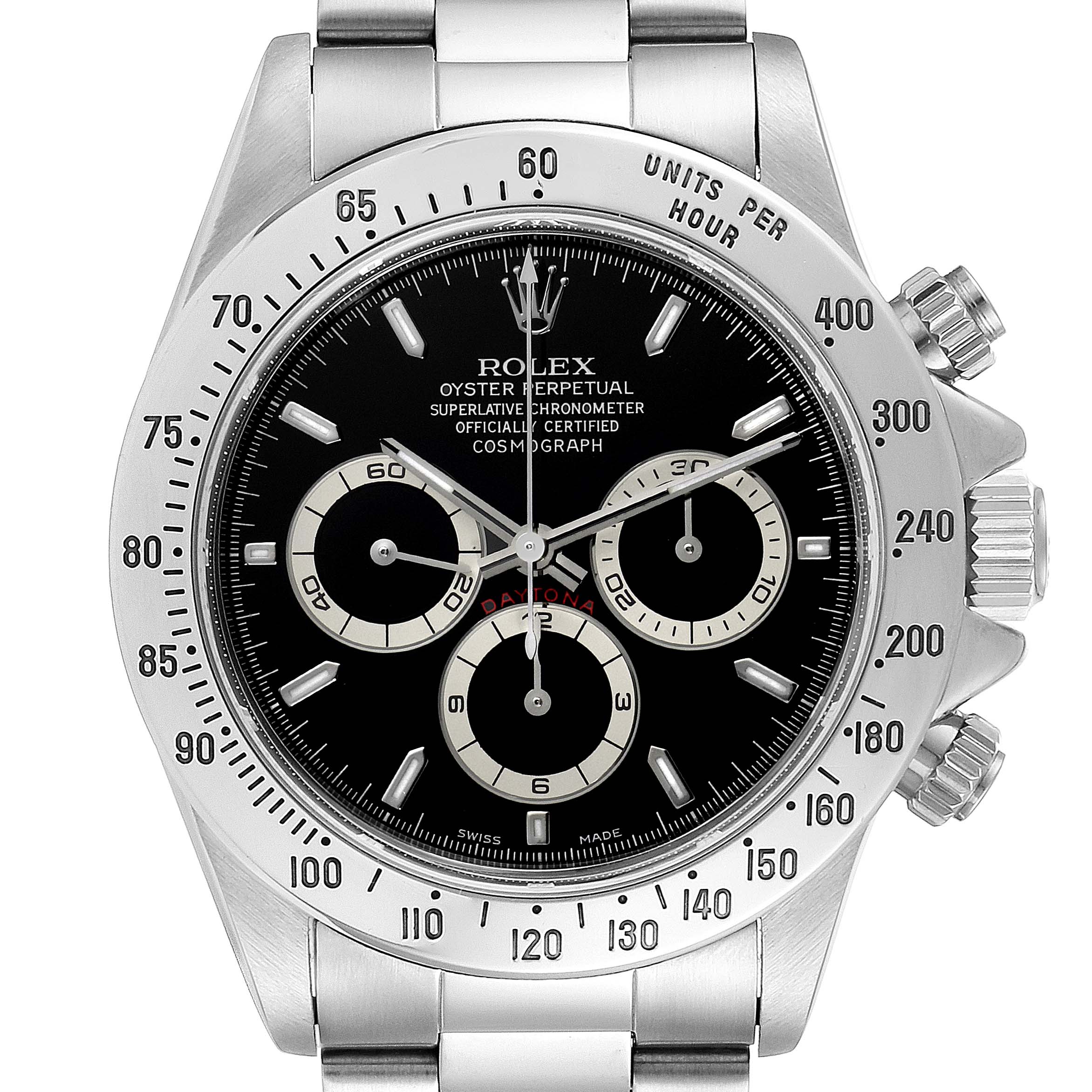 The image shows a front view of a Rolex Daytona 16520 Men's Stainless Steel Black Dial 16520 Men's Stainless Steel Black Dial watch, highlighting its black dial, sub-dials, and stainless steel bezel and strap.
