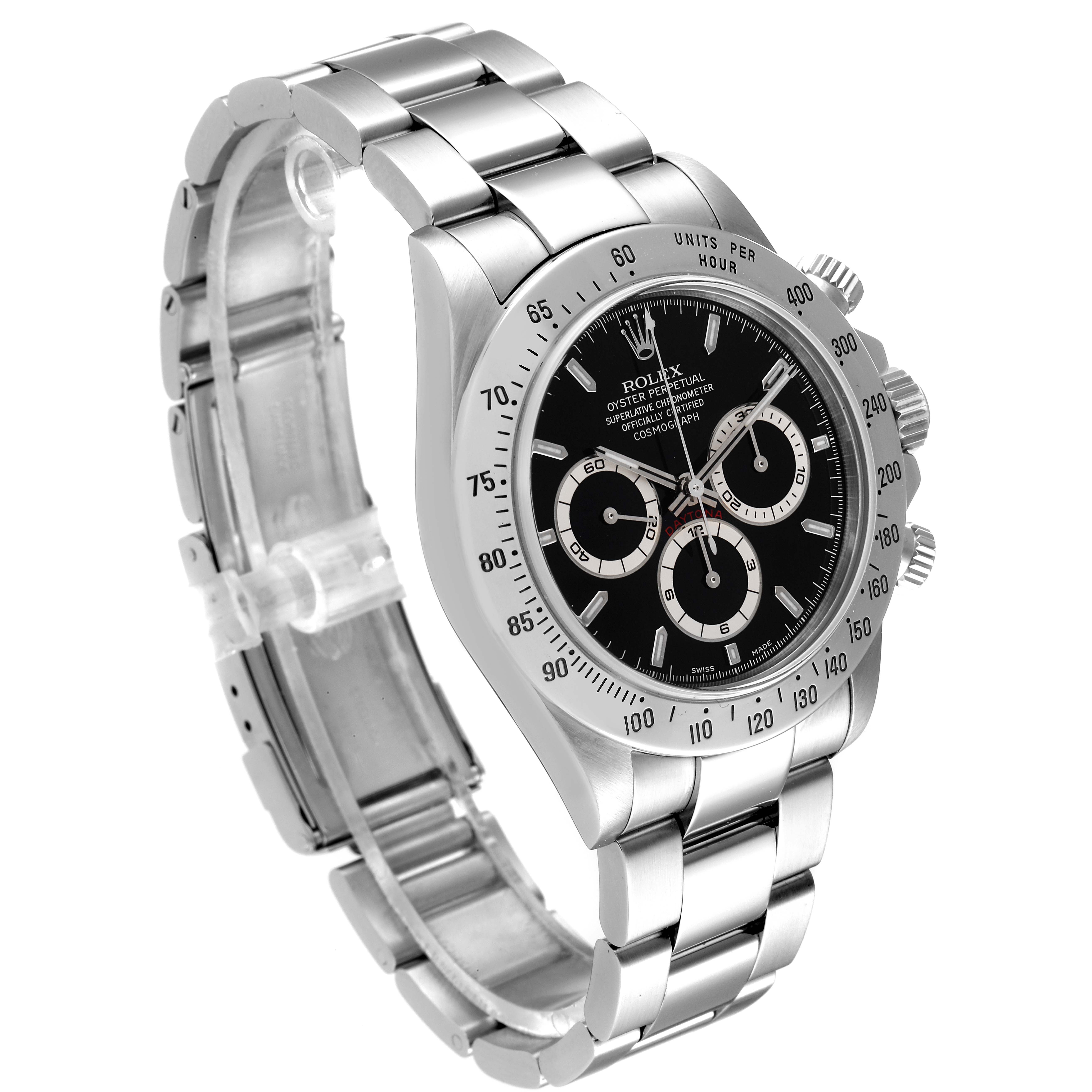 The image shows a Rolex Daytona 16520 Men's Stainless Steel Black Dial 16520 Men's Stainless Steel Black Dial watch displaying its face, bezel, crown, and bracelet at a three-quarter angle.
