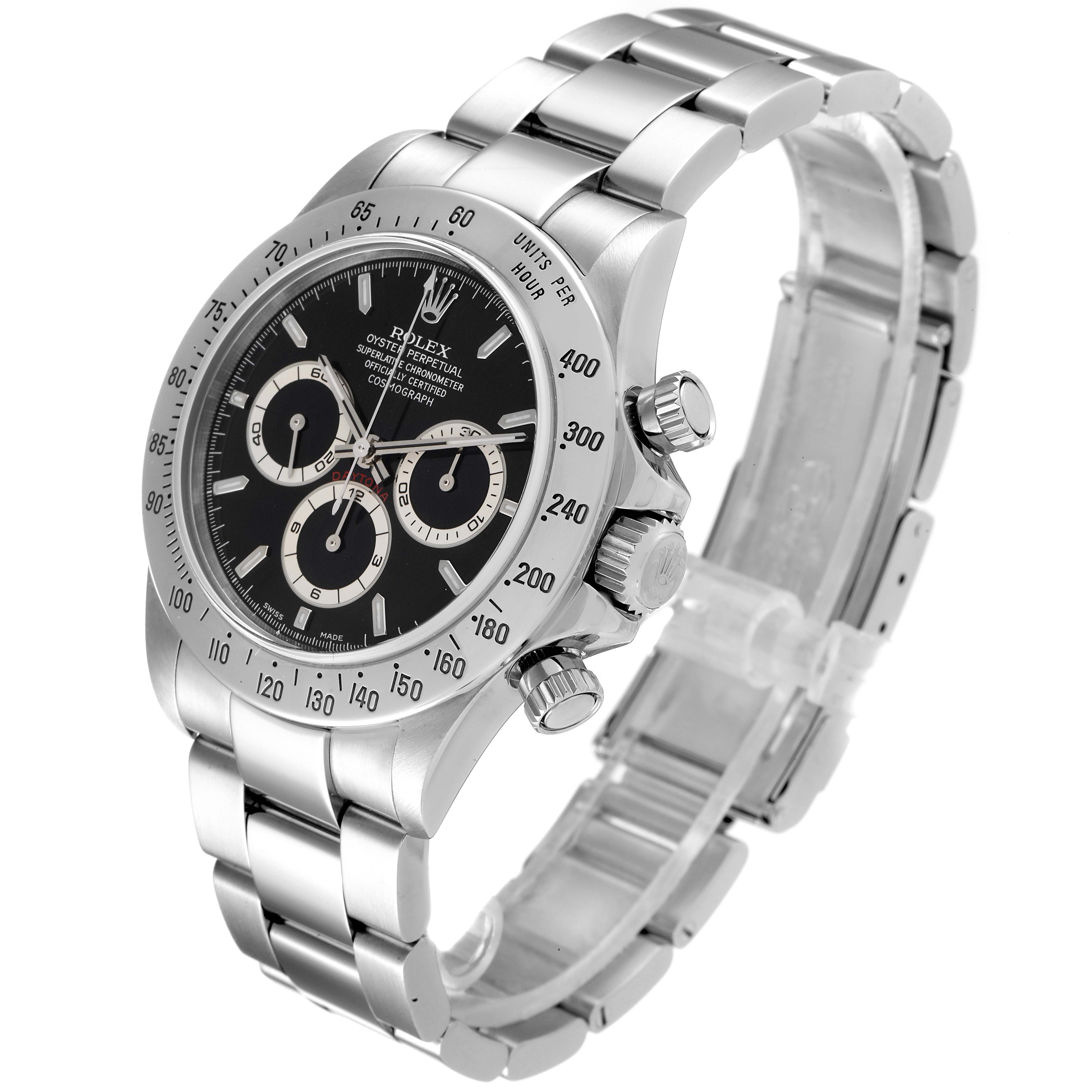 The image shows a side angle of the Rolex Daytona 16520 Men's Stainless Steel Black Dial 16520 Men's Stainless Steel Black Dial watch, highlighting its metal bracelet, bezel, crown, and dial with subdials.
