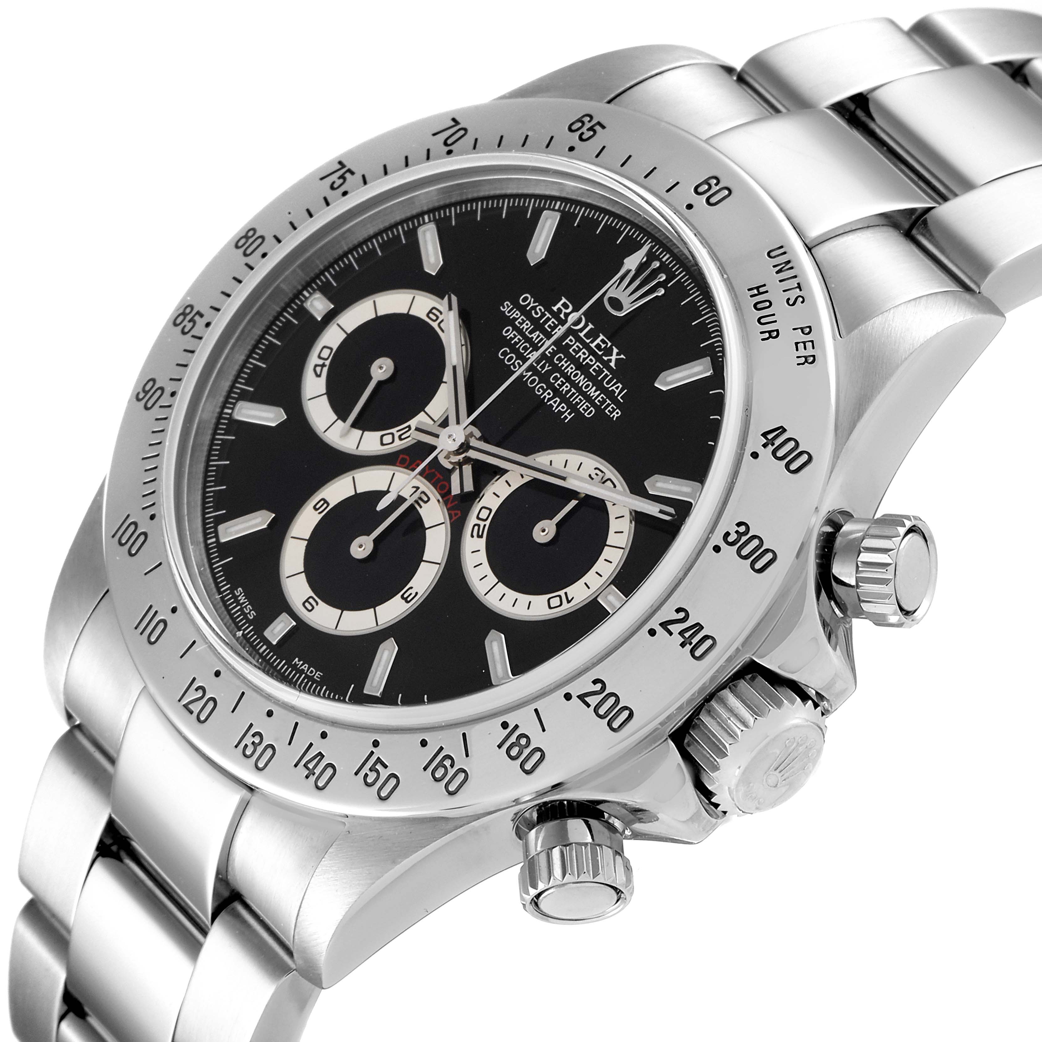 The image shows a close-up angled view of the Rolex Daytona 16520 Men's Stainless Steel Black Dial 16520 Men's Stainless Steel Black Dial watch, highlighting the dial, bezel, and crown.