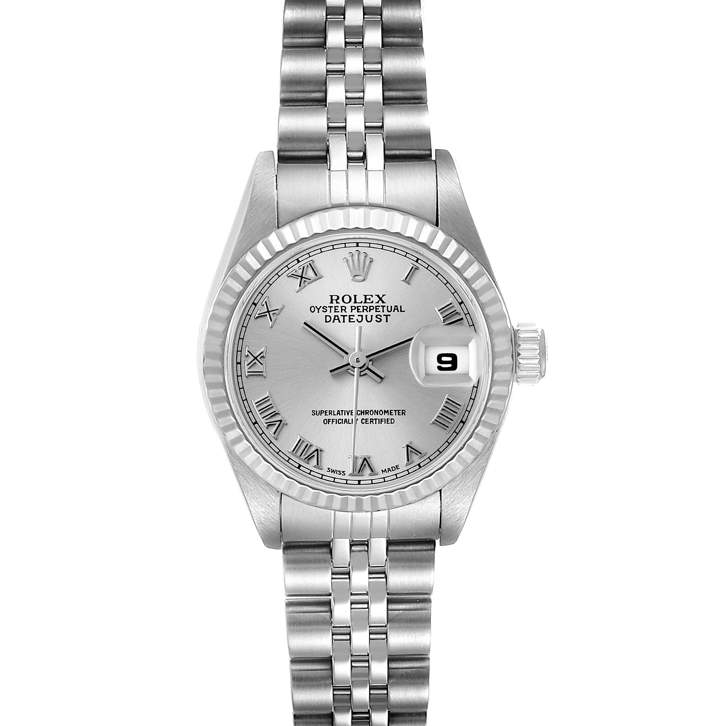 This image shows a front view of a Rolex Datejust 79174 Women's Stainless Steel Silver Dial 79174 Women's Stainless Steel Silver Dial watch, highlighting its dial, bracelet, and date window.