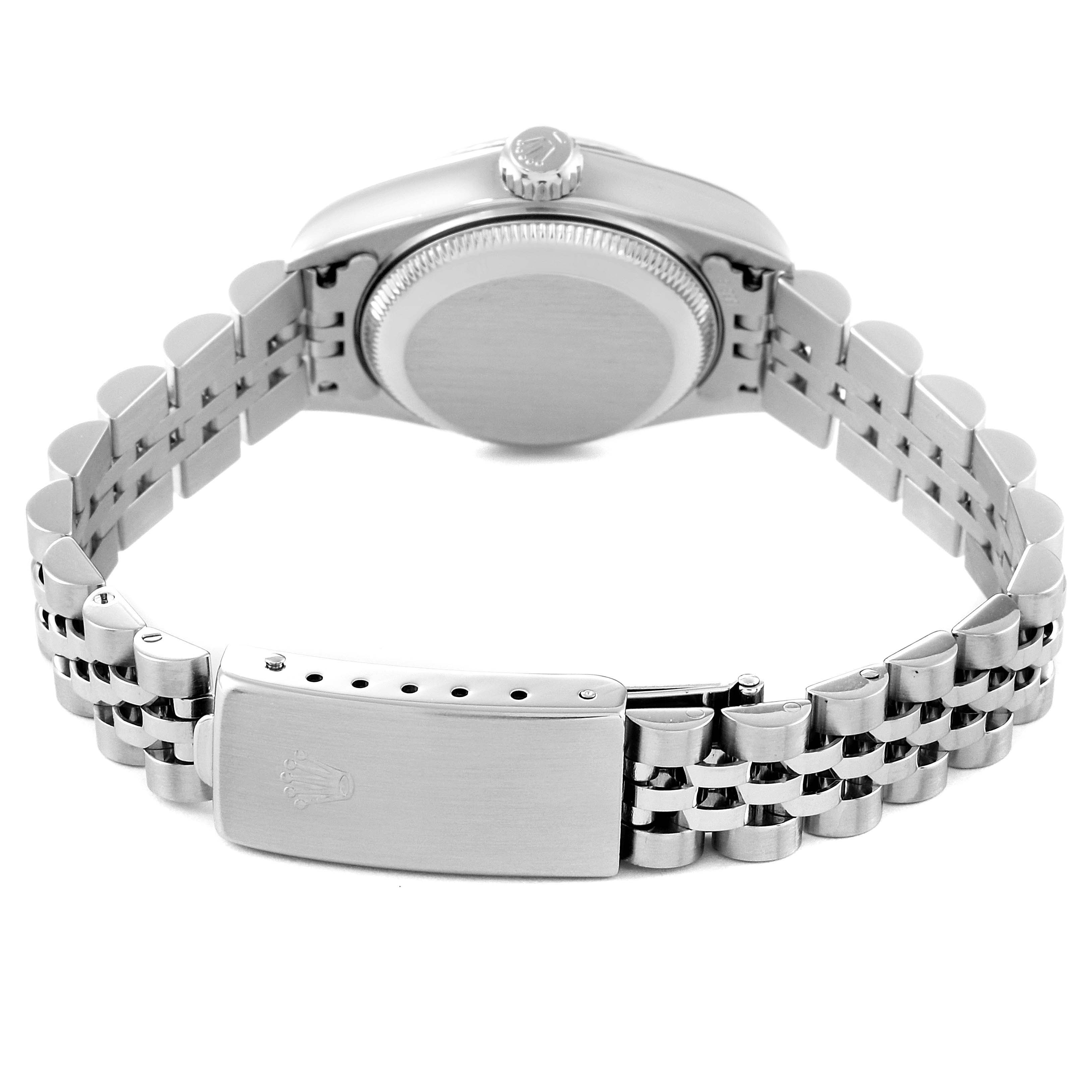 This image shows the back view of the Rolex Datejust 79174 Women's Stainless Steel Silver Dial 79174 Women's Stainless Steel Silver Dial watch, highlighting its case, crown, and bracelet clasp.