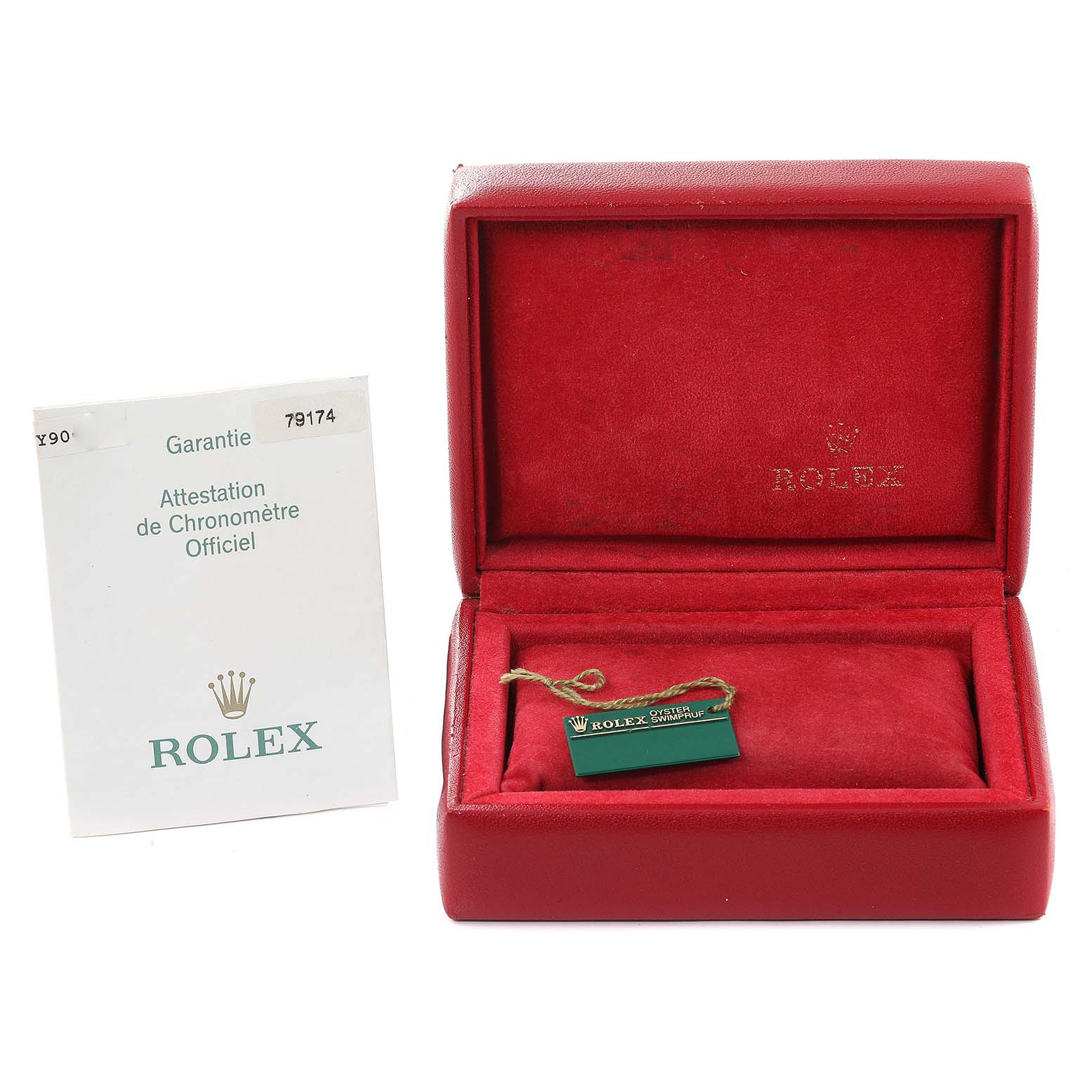 The image shows the packaging and certification for a Rolex Datejust 79174 Women's Stainless Steel Silver Dial 79174 Women's Stainless Steel Silver Dial watch, including a red case and official documents.