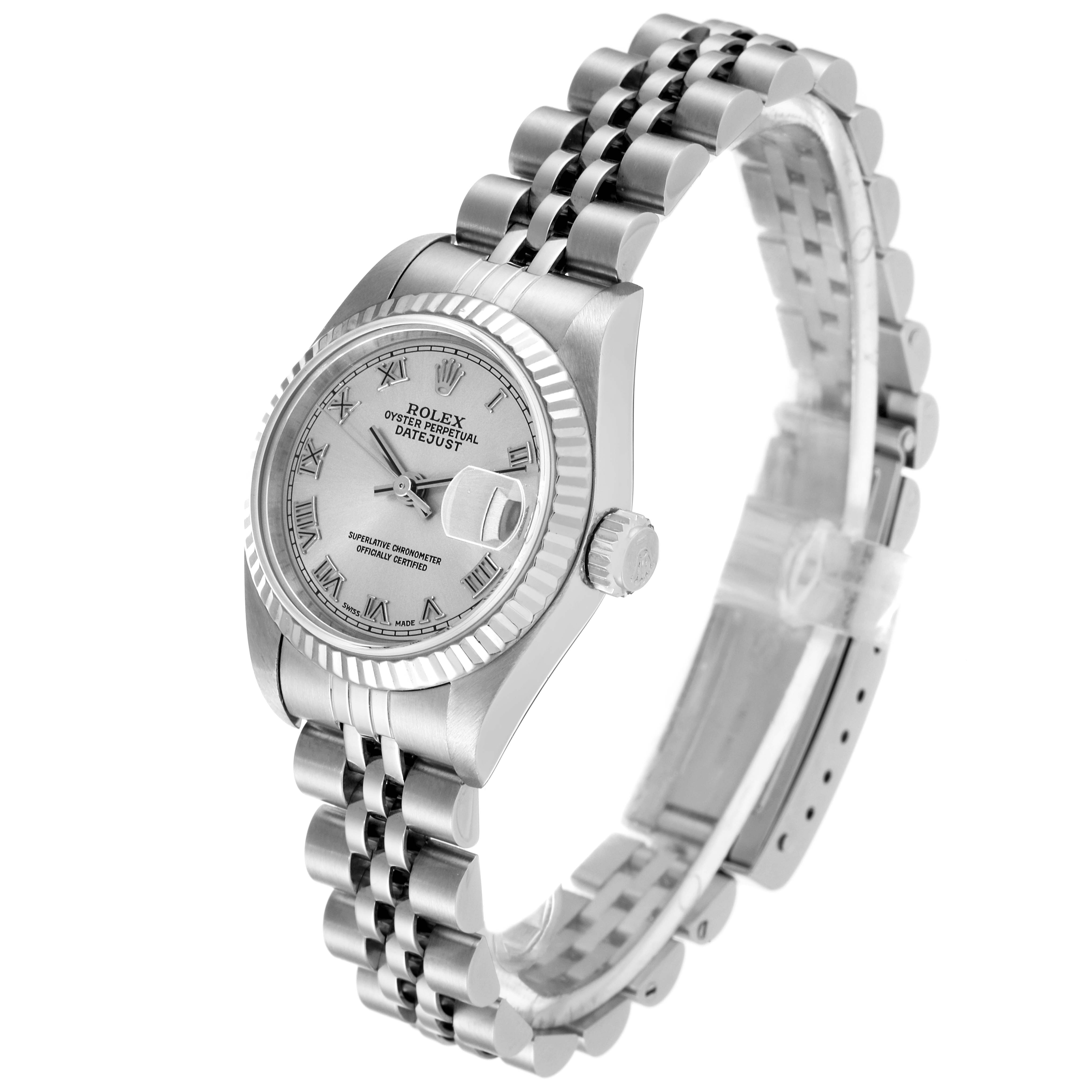 The image shows a Rolex Datejust 79174 Women's Stainless Steel Silver Dial 79174 Women's Stainless Steel Silver Dial watch at an angled perspective, highlighting the face, crown, bezel, and bracelet.