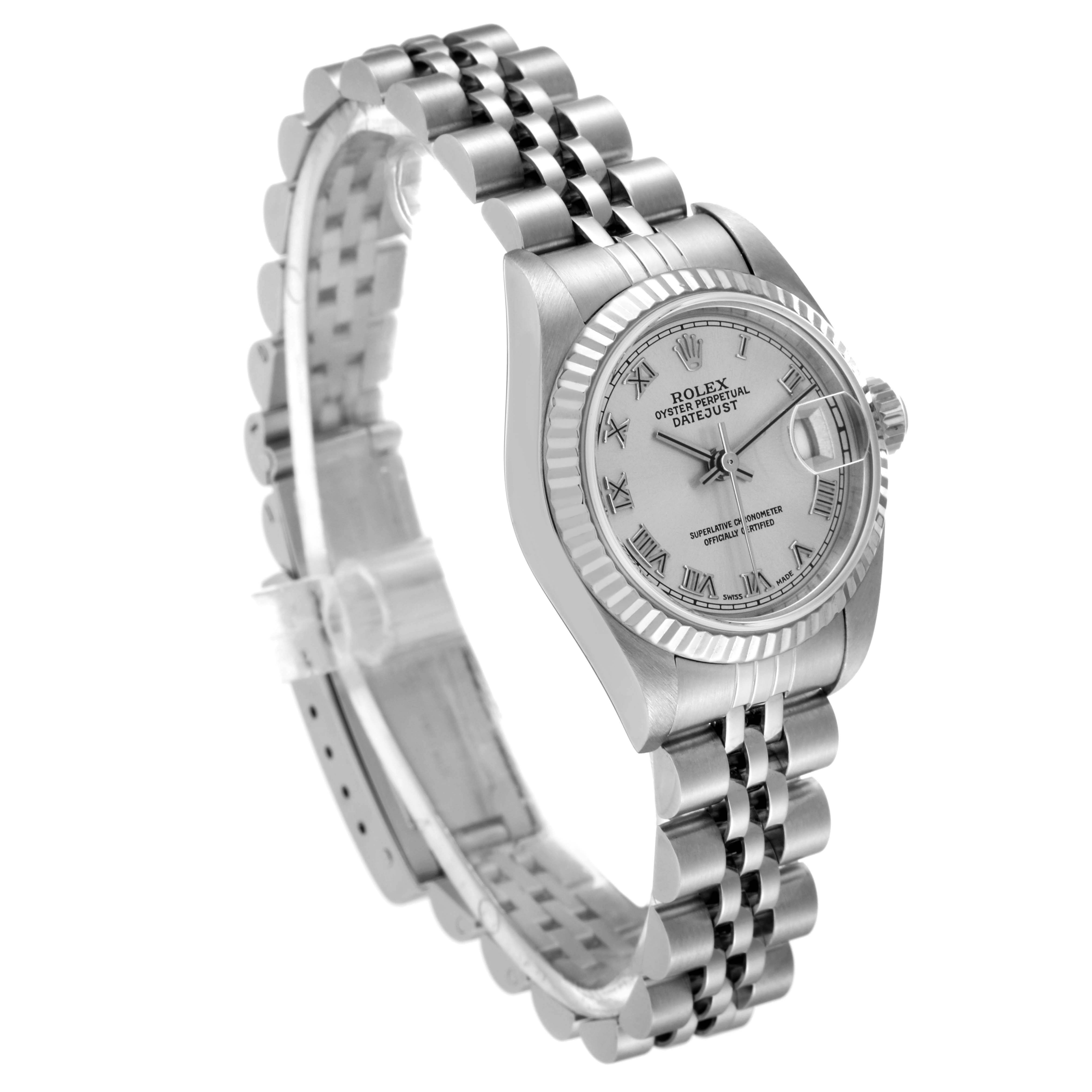 This Rolex Datejust 79174 Women's Stainless Steel Silver Dial 79174 Women's Stainless Steel Silver Dial watch is shown at a three-quarter angle, displaying its face, bezel, and bracelet.