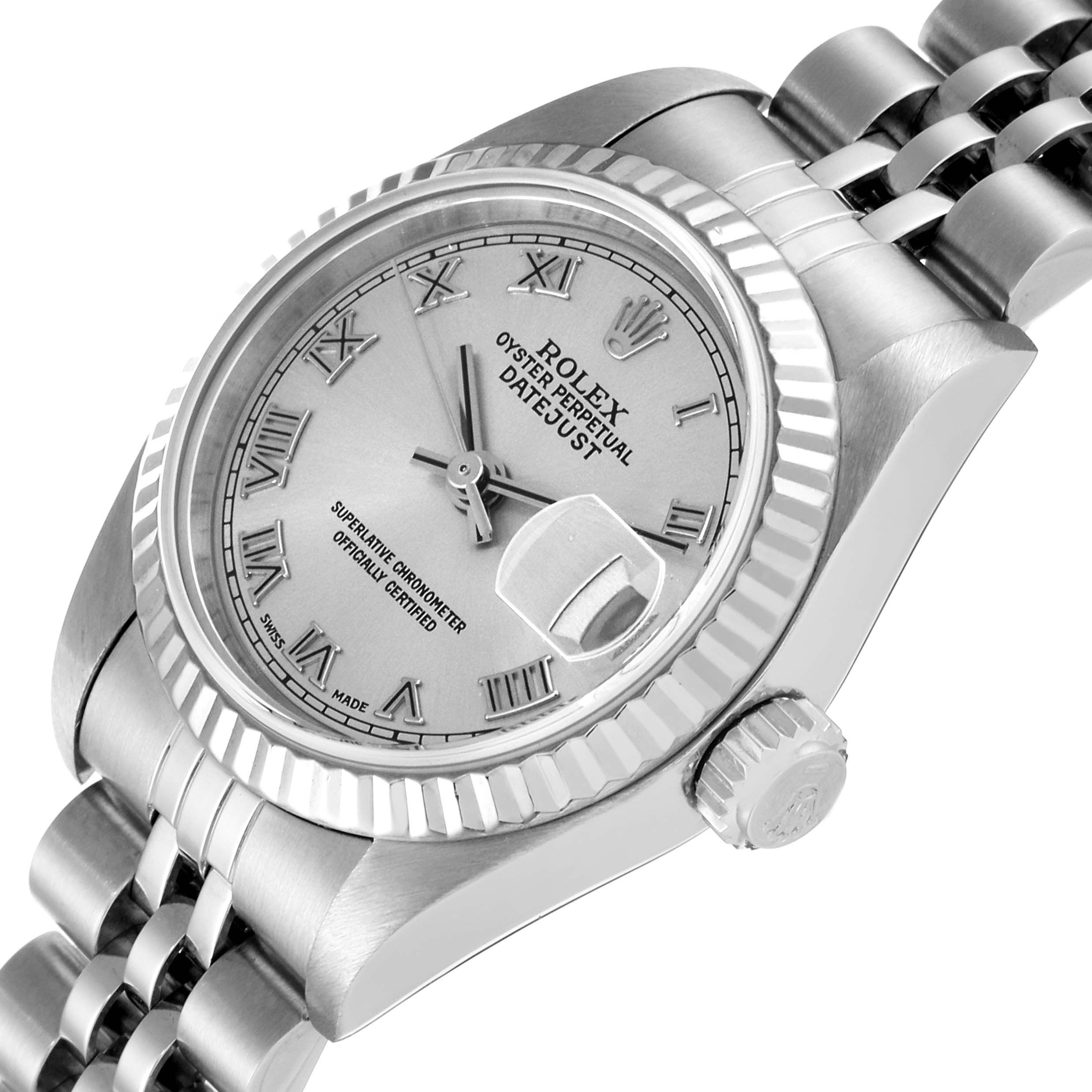 The image shows a close-up, angled view of a Rolex Datejust 79174 Women's Stainless Steel Silver Dial 79174 Women's Stainless Steel Silver Dial watch, highlighting the dial, crown, and part of the bracelet.