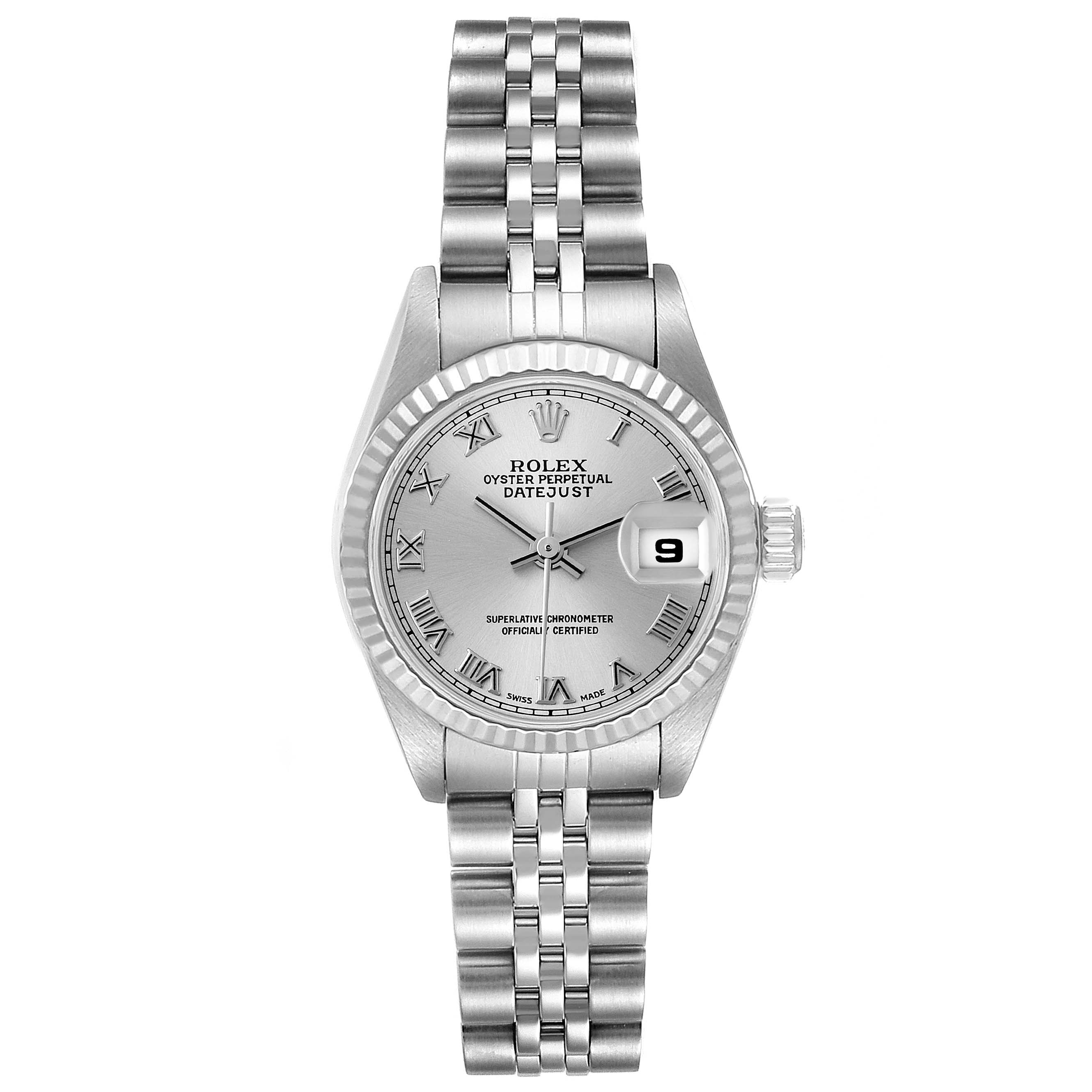 The Rolex Datejust 79174 Women's Stainless Steel Silver Dial 79174 Women's Stainless Steel Silver Dial watch is shown in a straight-on angle, displaying the face, bezel, and bracelet.