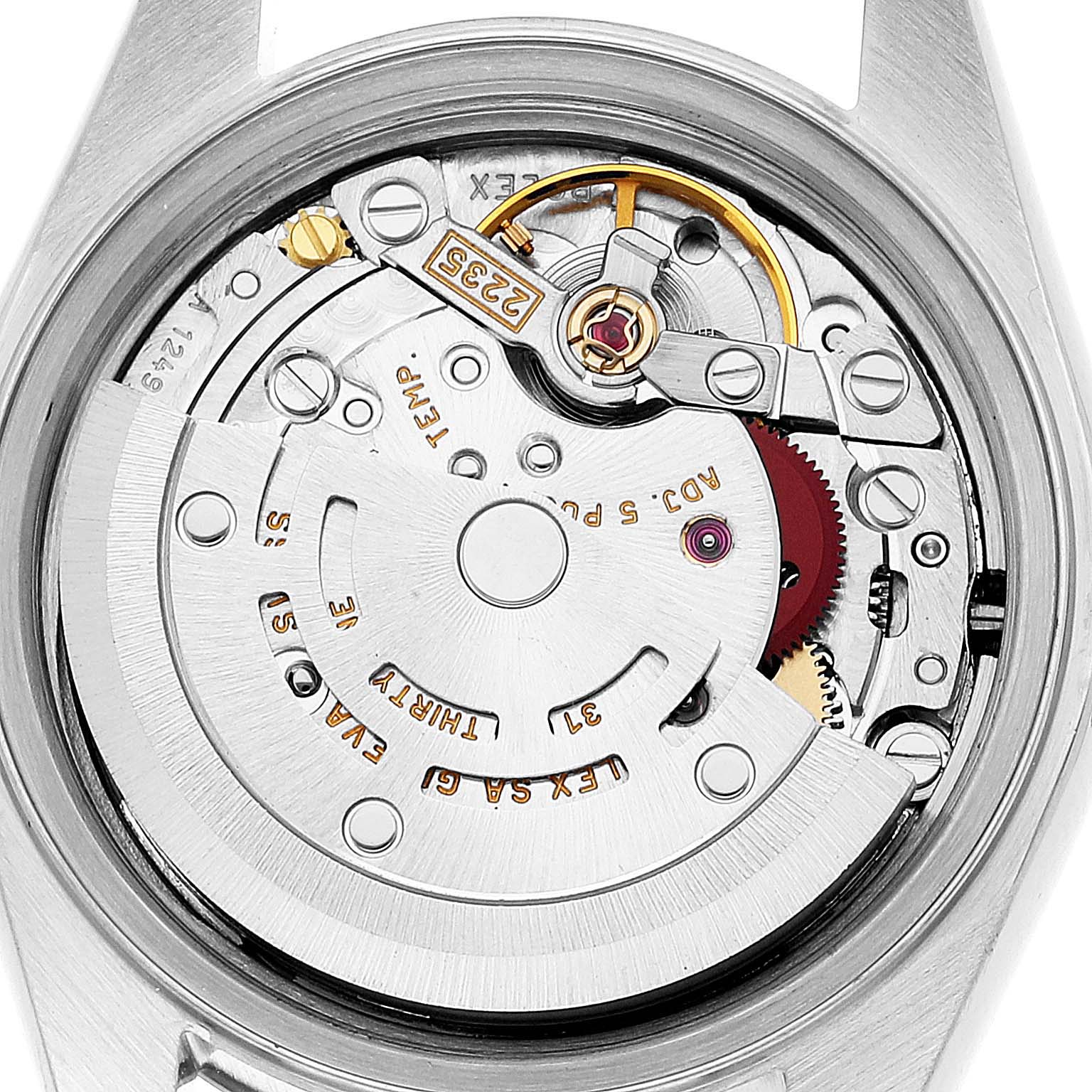 This image shows a close-up view of the movement inside a Rolex Datejust 79174 Women's Stainless Steel Silver Dial 79174 Women's Stainless Steel Silver Dial watch from the back case angle.