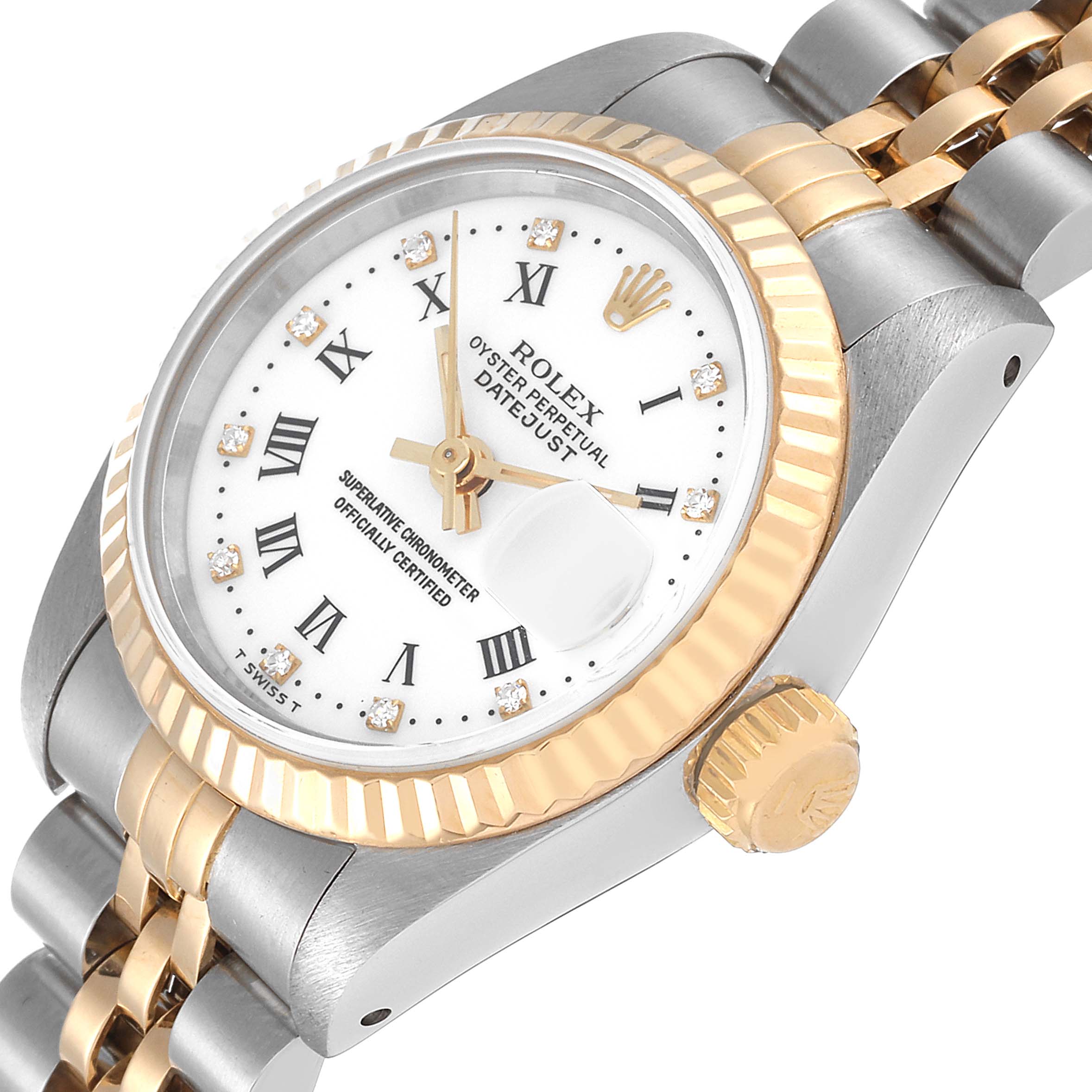 The image shows a close-up, angled view of a Rolex Datejust 69173 Women's Steel and Gold (two tone) White Dial 69173 Women's Steel and Gold (two tone) White Dial model watch, highlighting the face, bezel, crown, and part of the bracelet.