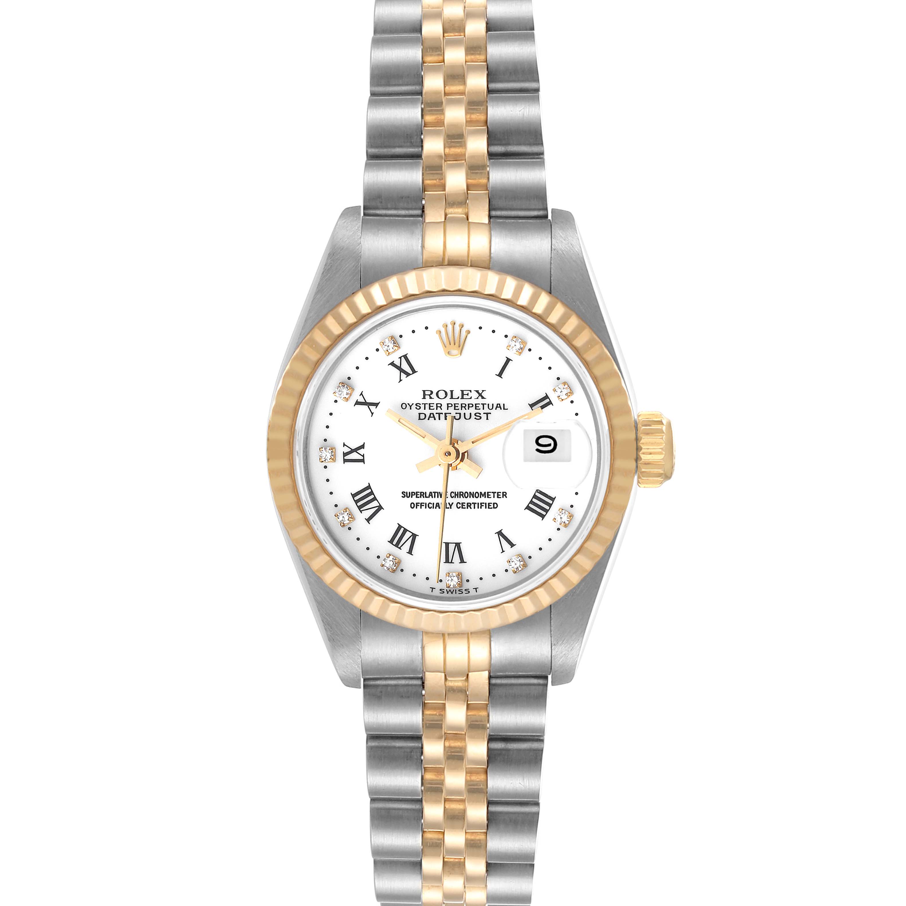 The image shows a frontal view of a Rolex Datejust 69173 Women's Steel and Gold (two tone) White Dial 69173 Women's Steel and Gold (two tone) White Dial watch, highlighting its gold and silver bracelet and white dial with Roman numerals.