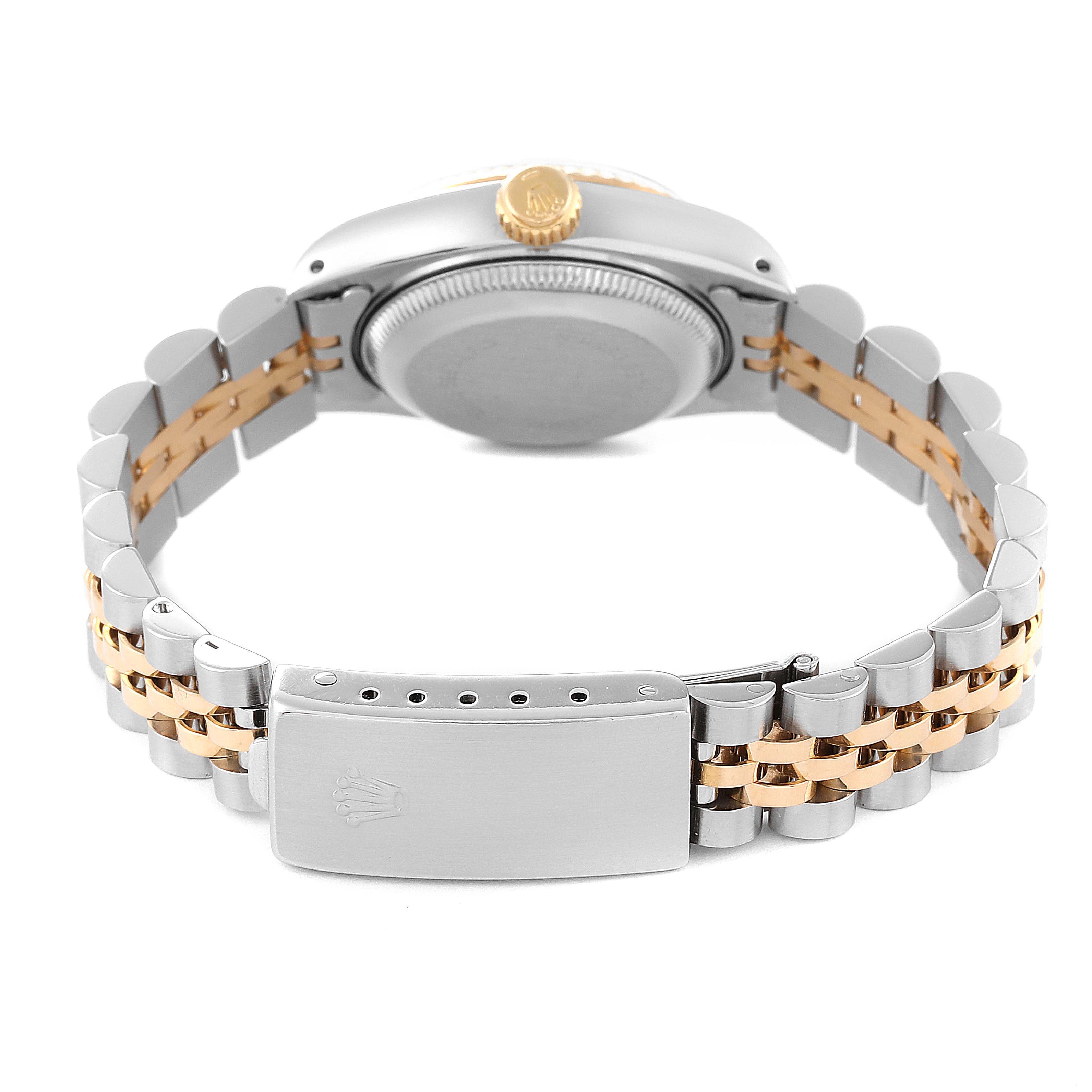 The image shows the back side and clasp of a Rolex Datejust 69173 Women's Steel and Gold (two tone) White Dial 69173 Women's Steel and Gold (two tone) White Dial model watch with a two-tone metal bracelet.