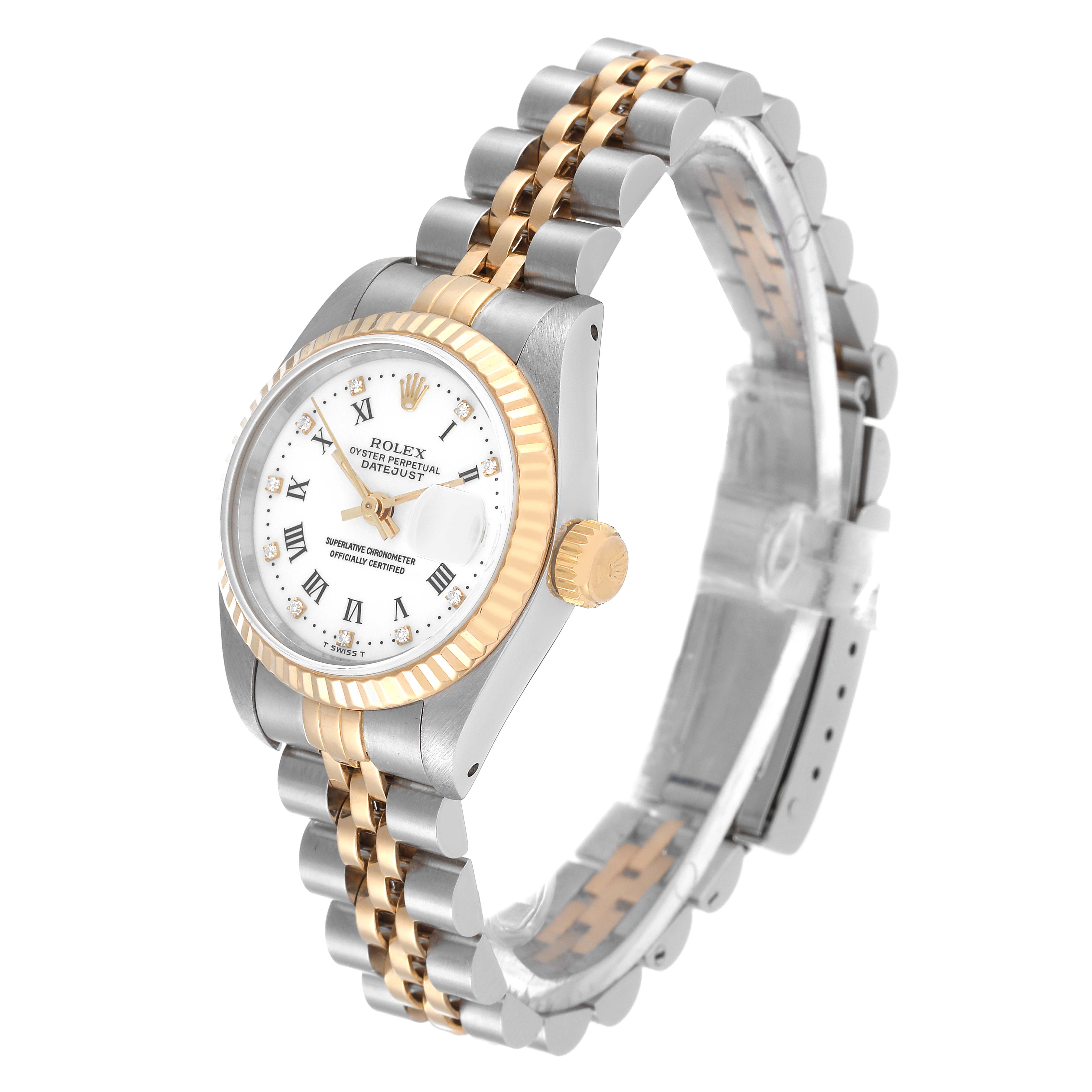 The image shows a Rolex Datejust 69173 Women's Steel and Gold (two tone) White Dial 69173 Women's Steel and Gold (two tone) White Dial watch angled slightly from the front, displaying the watch face, crown, and bracelet.